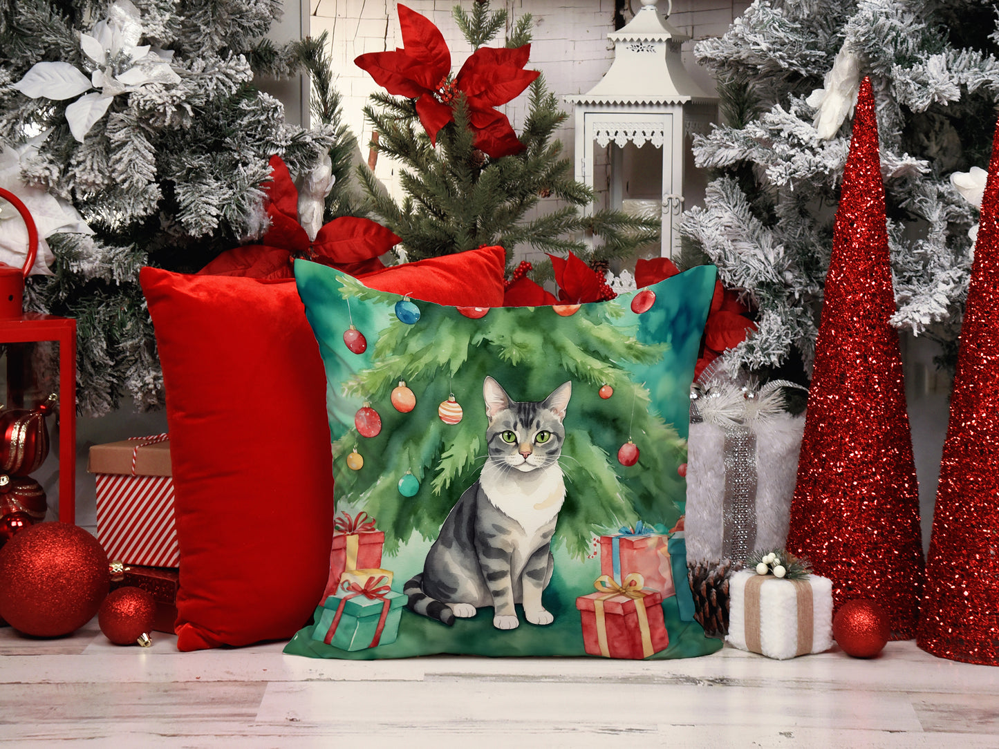 German Rex Cat By the Christmas Tree Throw Pillow
