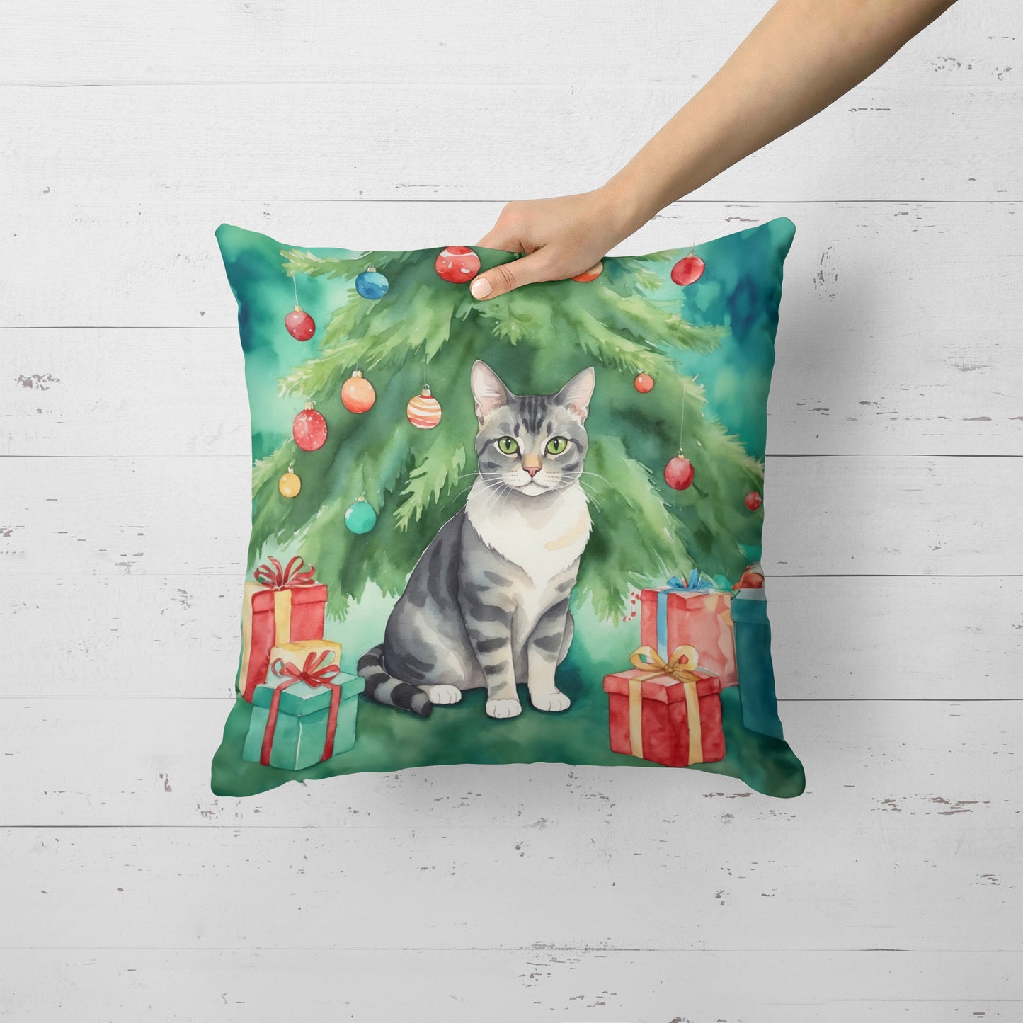 German Rex Cat By the Christmas Tree Throw Pillow