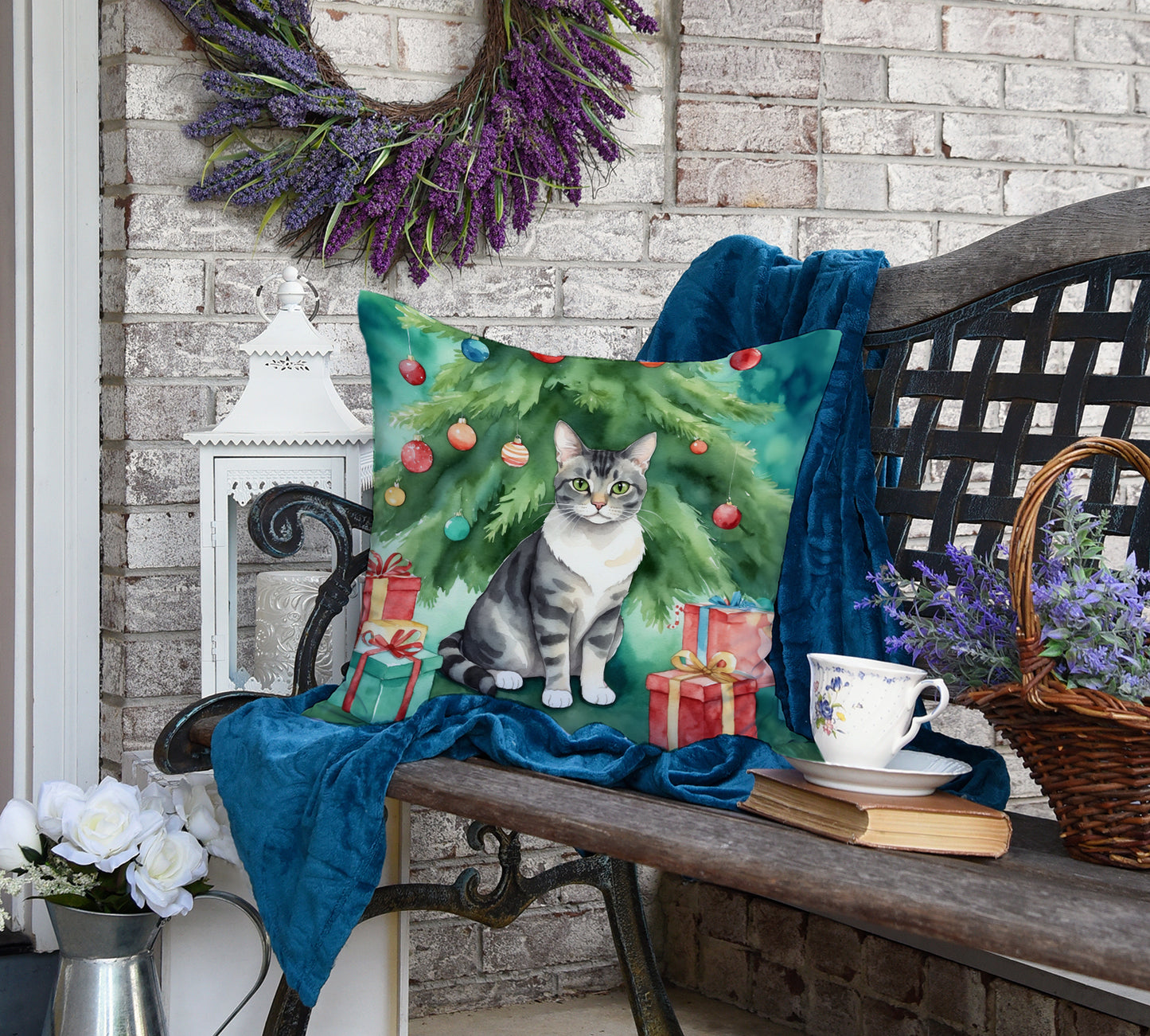 German Rex Cat By the Christmas Tree Throw Pillow