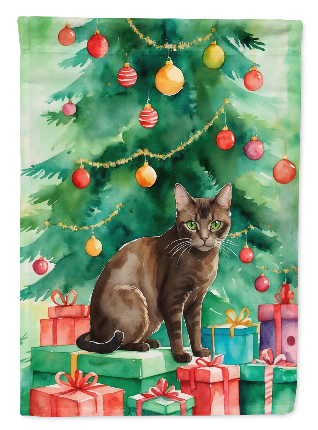 Buy this Havana Brown Cat By the Christmas Tree House Flag