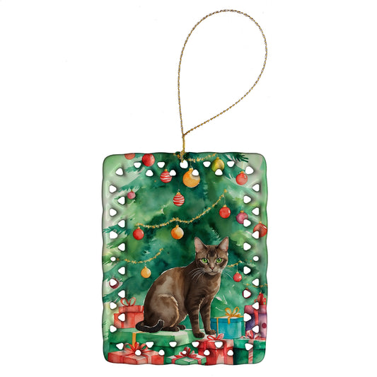 Buy this Havana Brown Cat By the Christmas Tree Porcelain Ornament