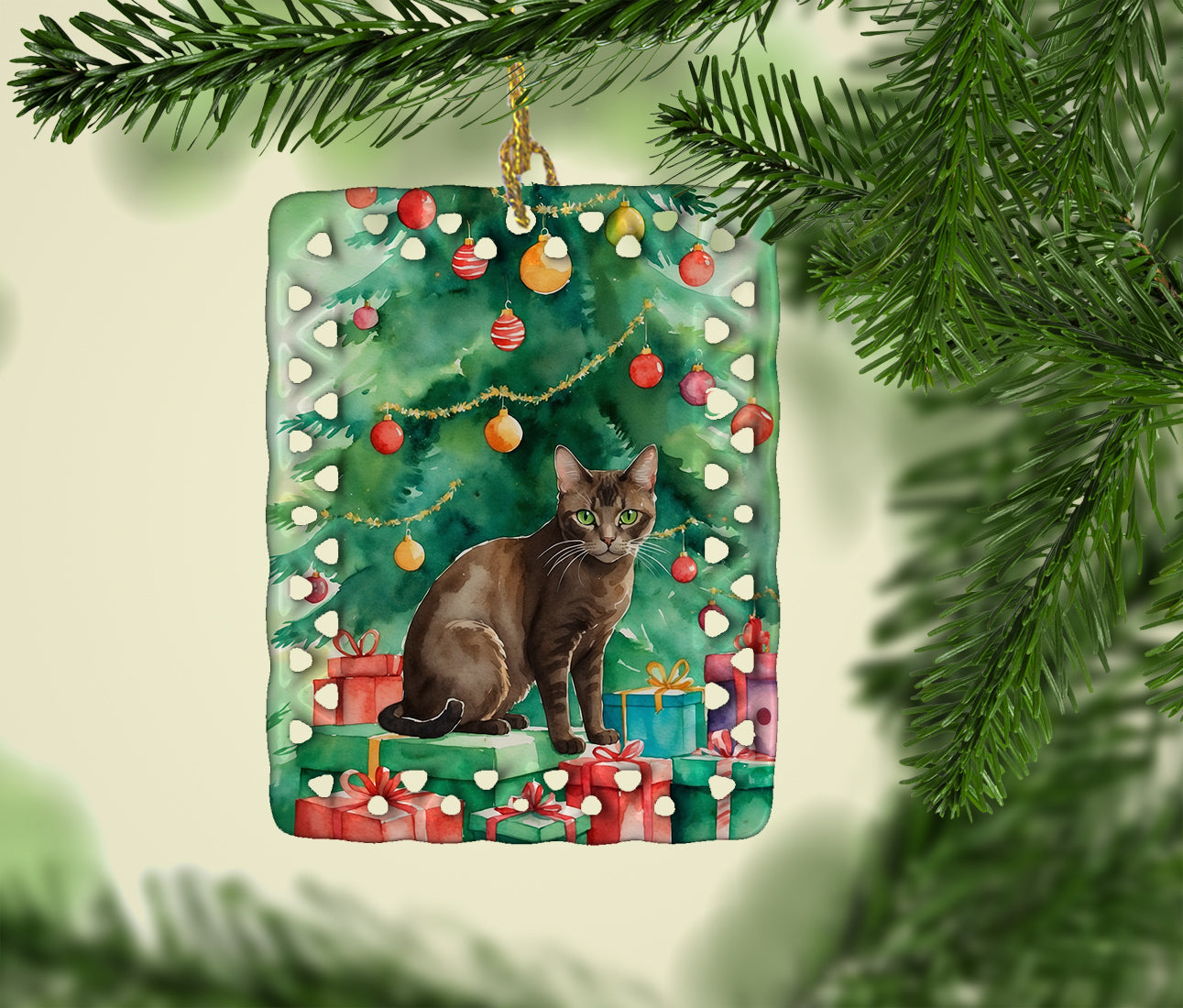 Havana Brown Cat By the Christmas Tree Porcelain Ornament