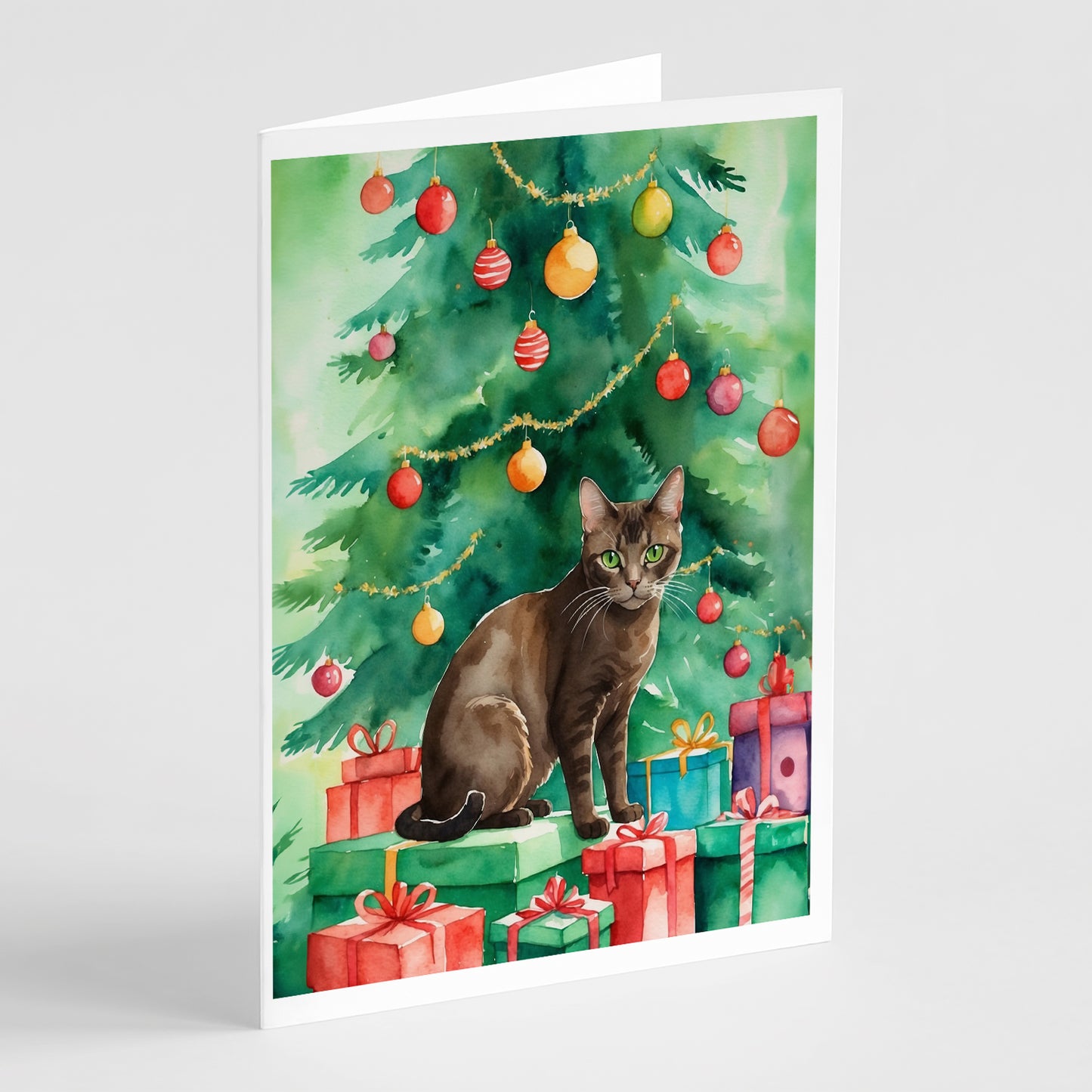 Buy this Havana Brown Cat By the Christmas Tree Greeting Cards Pack of 8