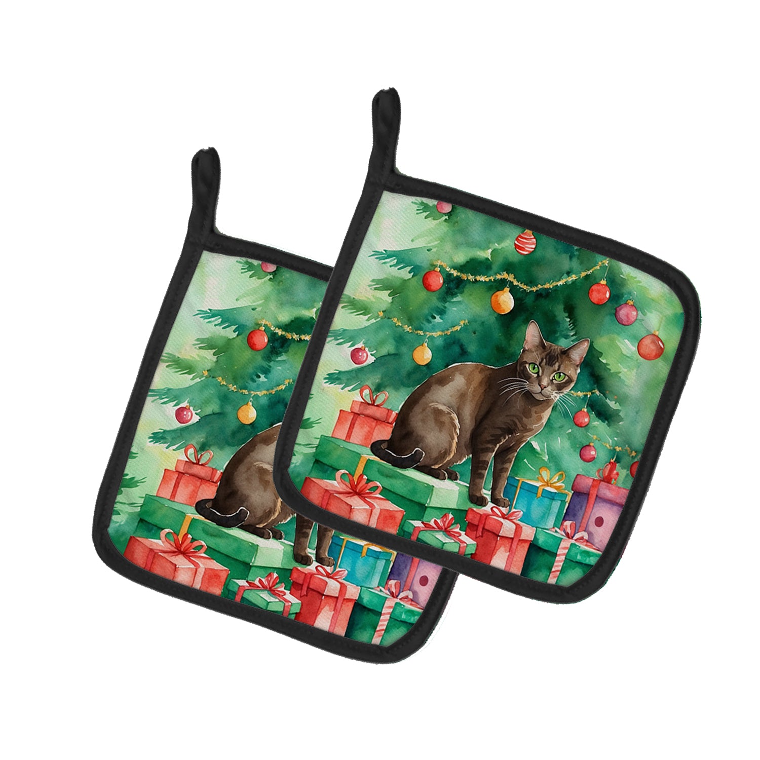 Buy this Havana Brown Cat By the Christmas Tree Pair of Pot Holders