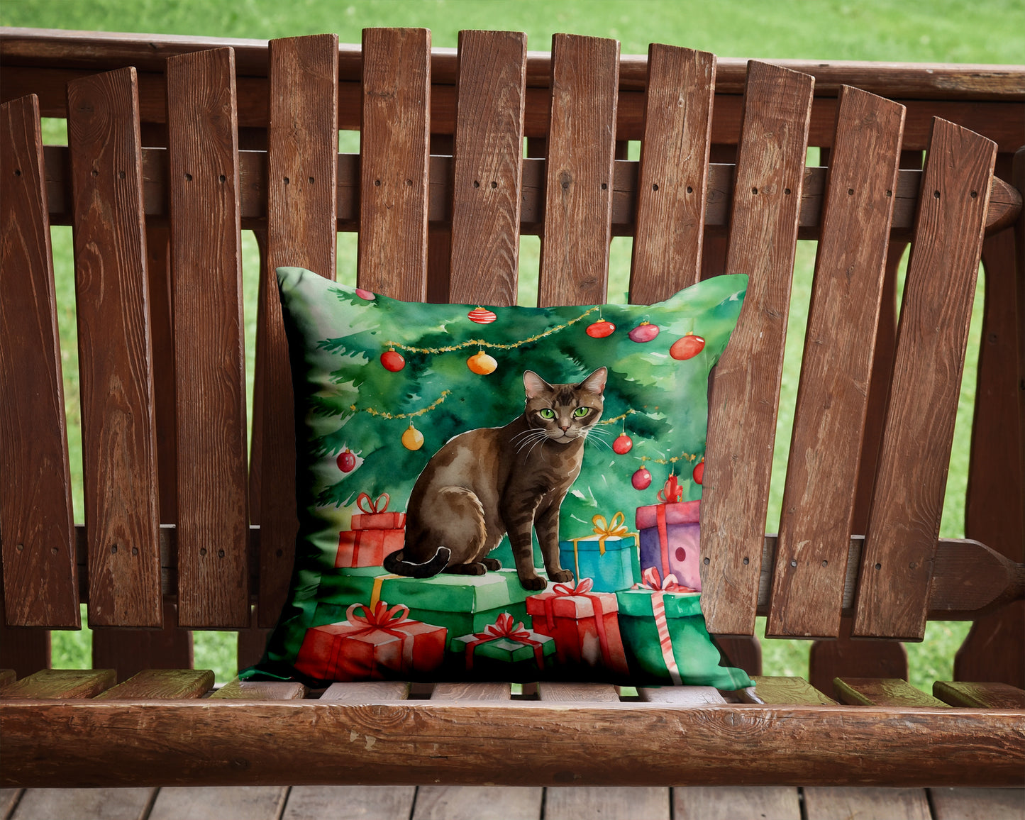 Havana Brown Cat By the Christmas Tree Throw Pillow
