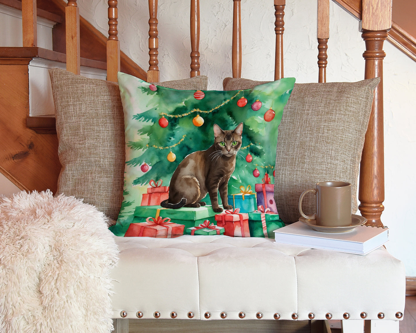 Havana Brown Cat By the Christmas Tree Throw Pillow