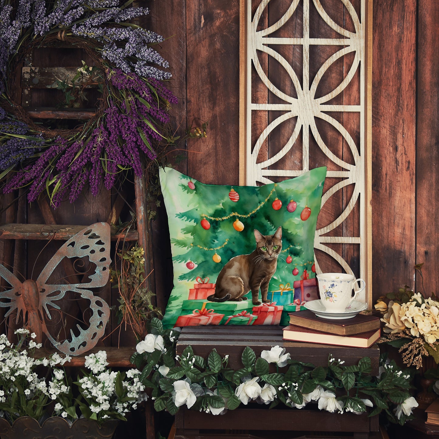Havana Brown Cat By the Christmas Tree Throw Pillow