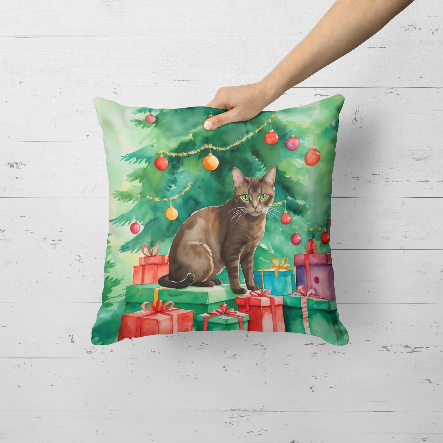Havana Brown Cat By the Christmas Tree Throw Pillow