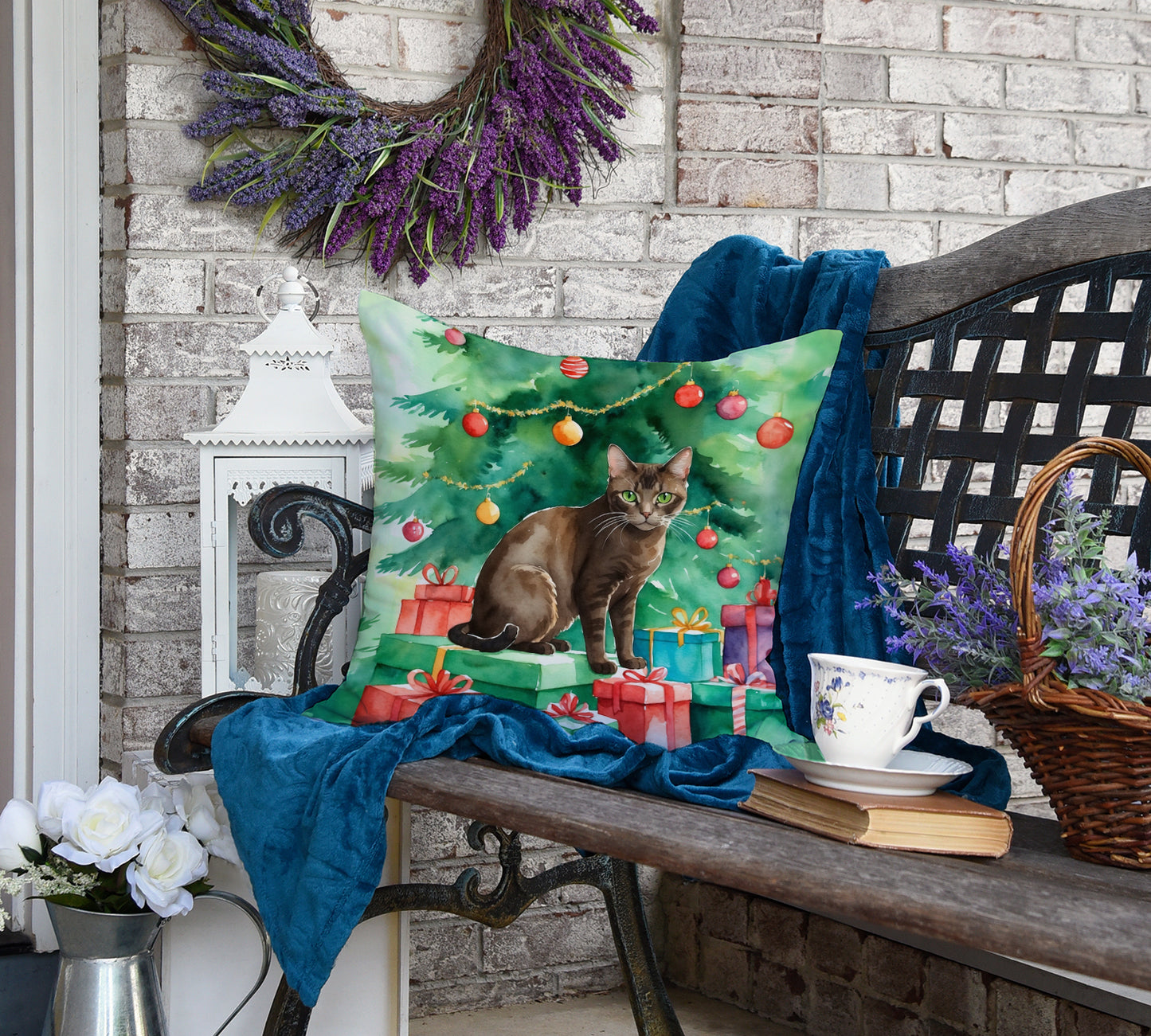 Havana Brown Cat By the Christmas Tree Throw Pillow