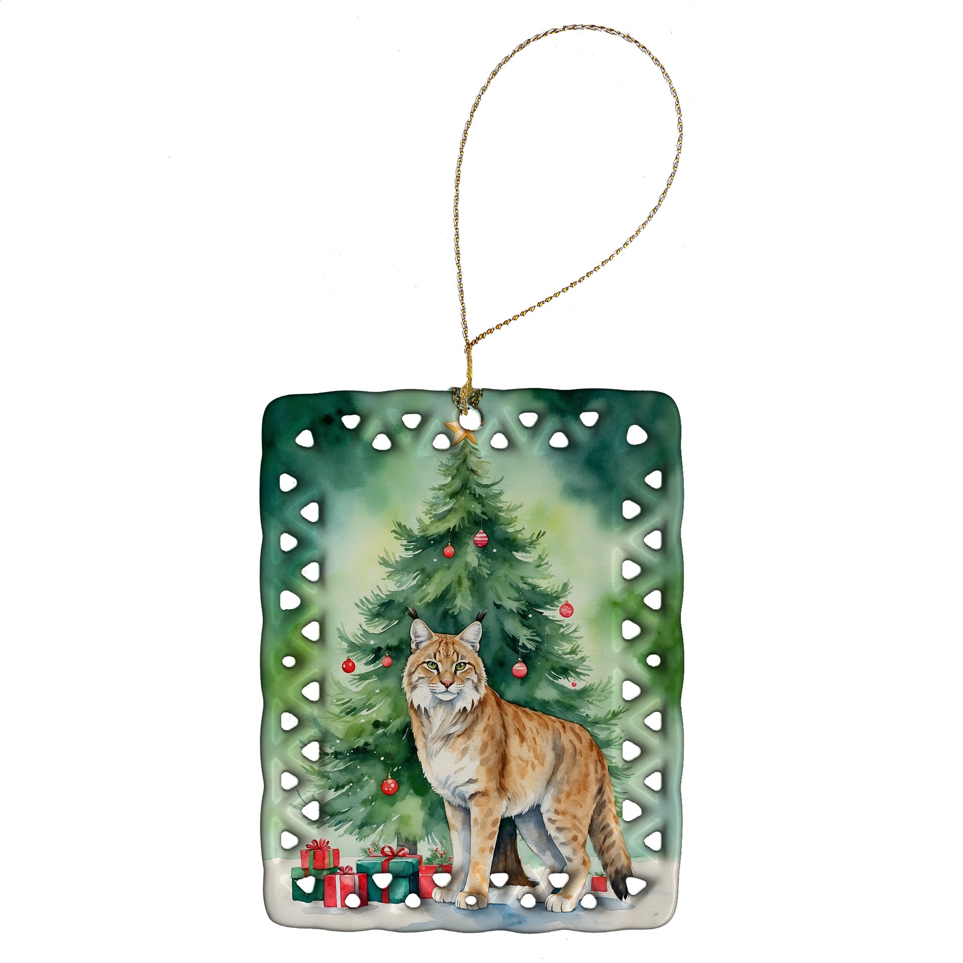 Buy this Highlander Lynx Cat By the Christmas Tree Porcelain Ornament