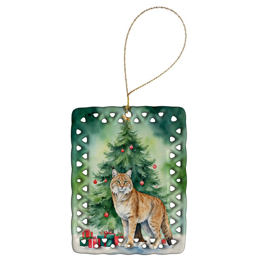 Buy this Highlander Lynx Cat By the Christmas Tree Porcelain Ornament
