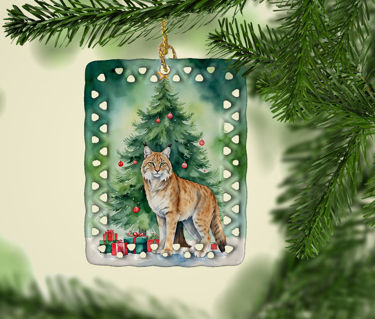 Highlander Lynx Cat By the Christmas Tree Porcelain Ornament