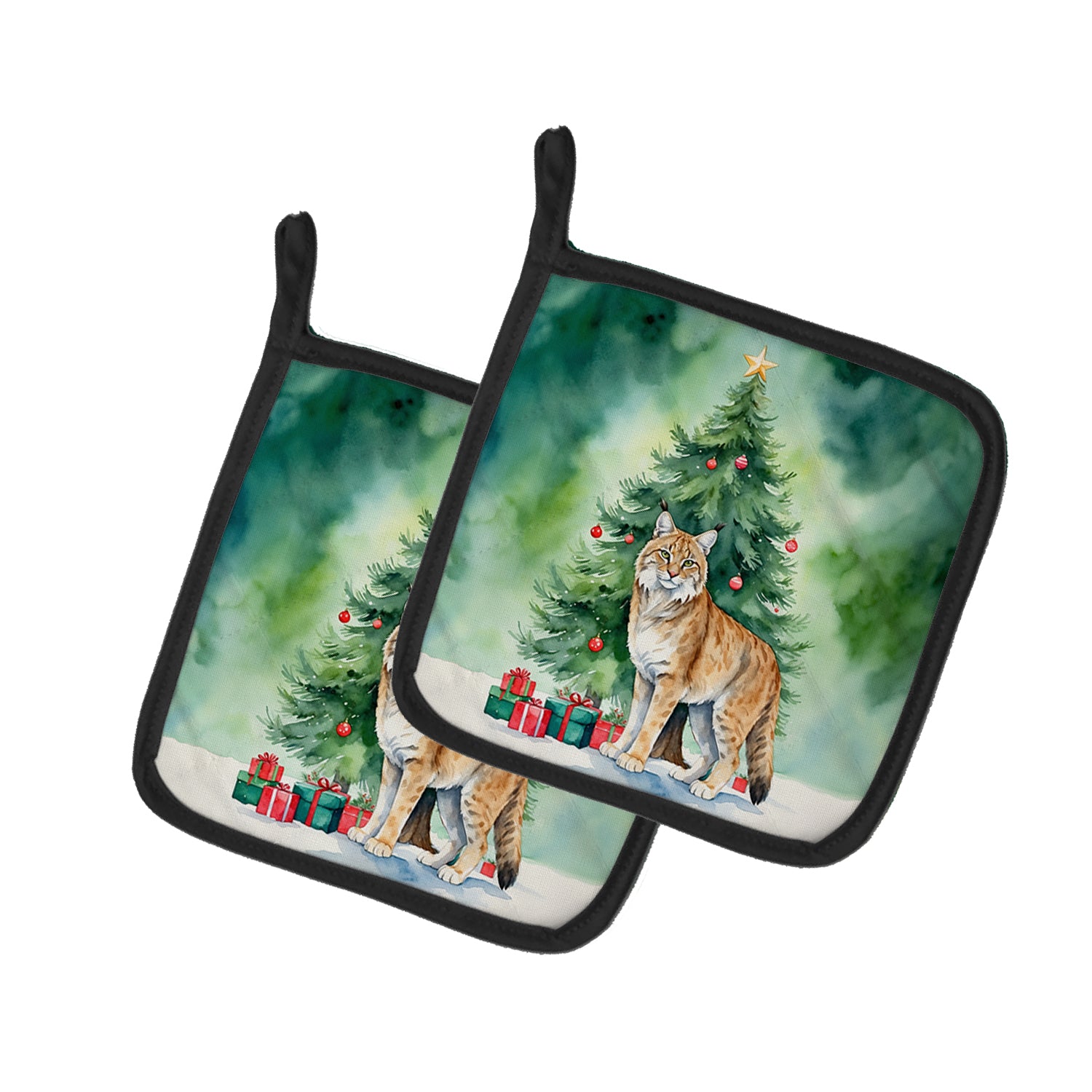 Buy this Highlander Lynx Cat By the Christmas Tree Pair of Pot Holders