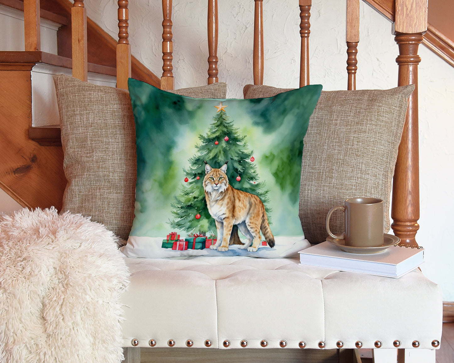 Highlander Lynx Cat By the Christmas Tree Throw Pillow