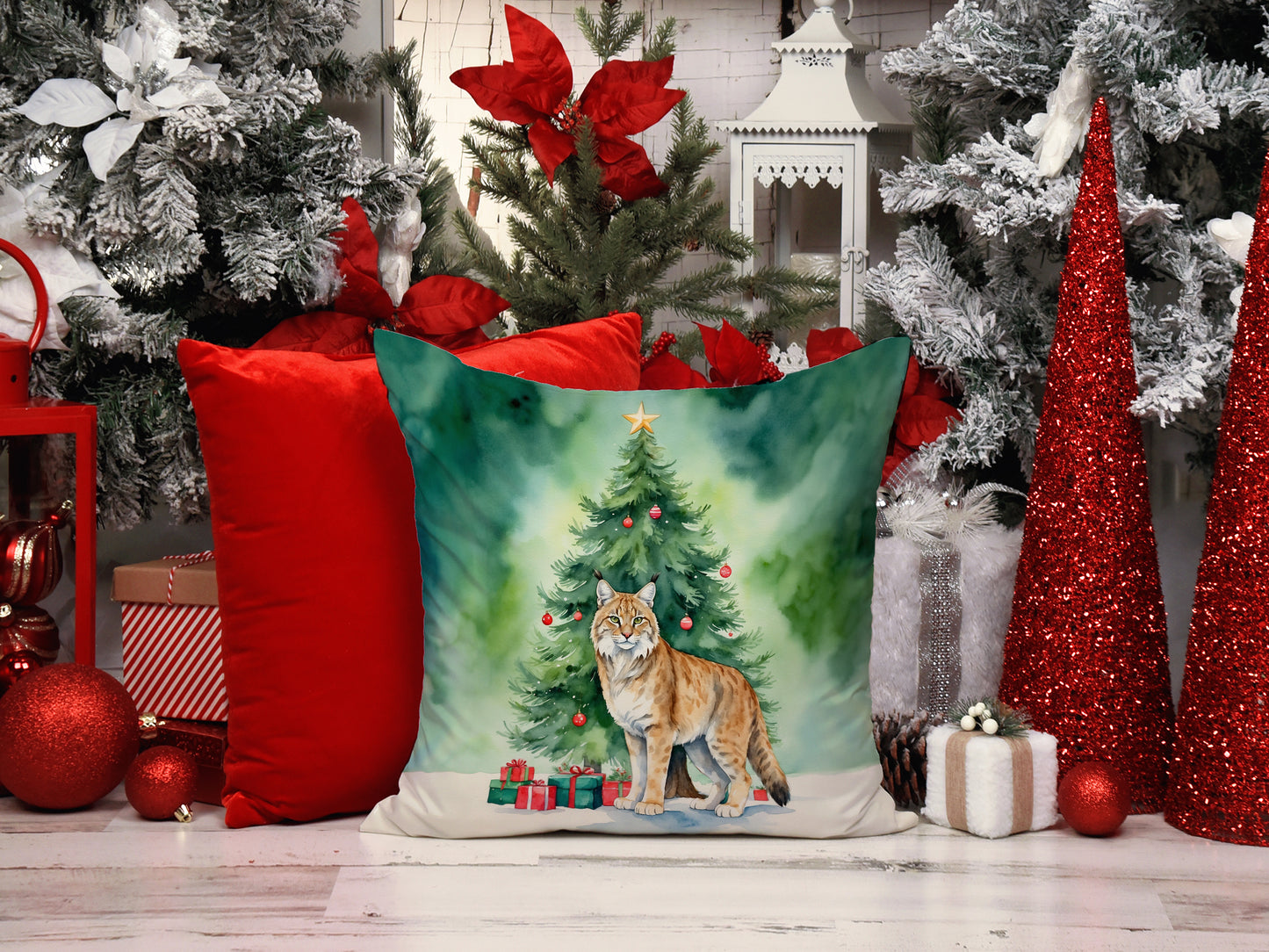 Highlander Lynx Cat By the Christmas Tree Throw Pillow