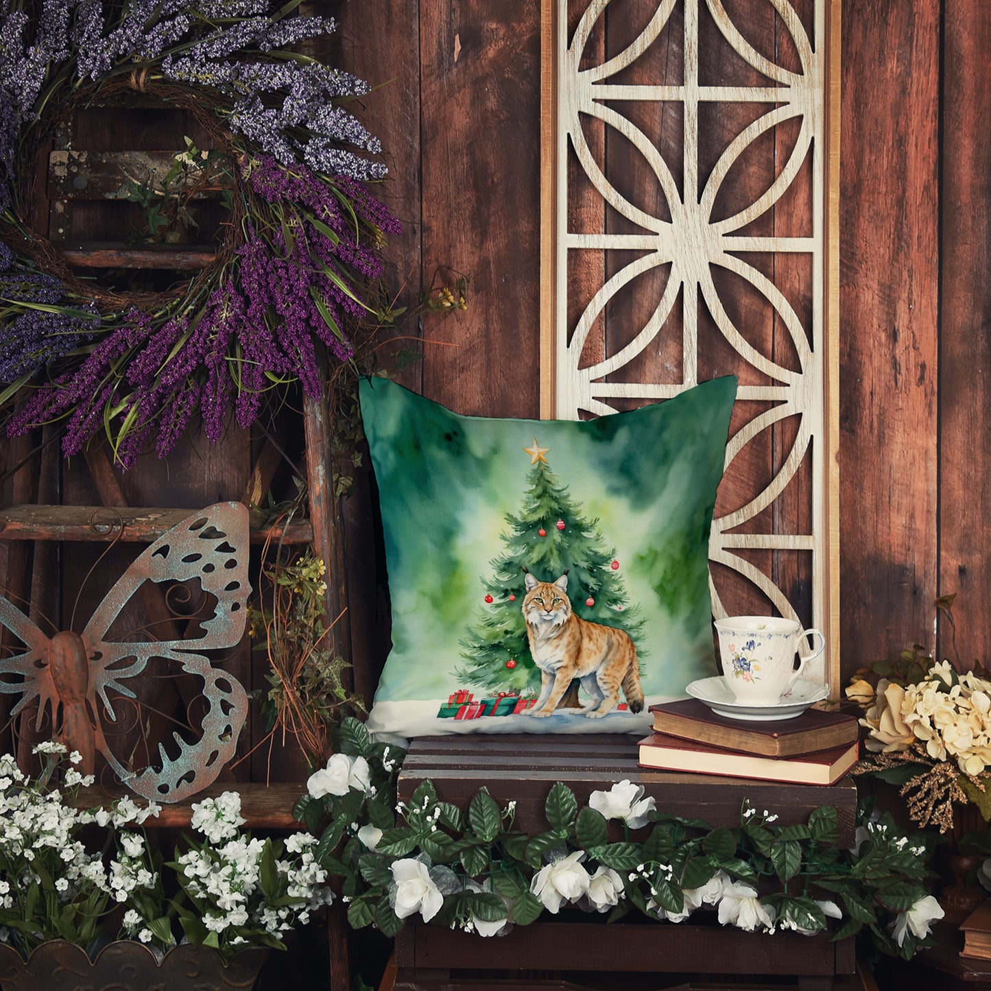 Highlander Lynx Cat By the Christmas Tree Throw Pillow