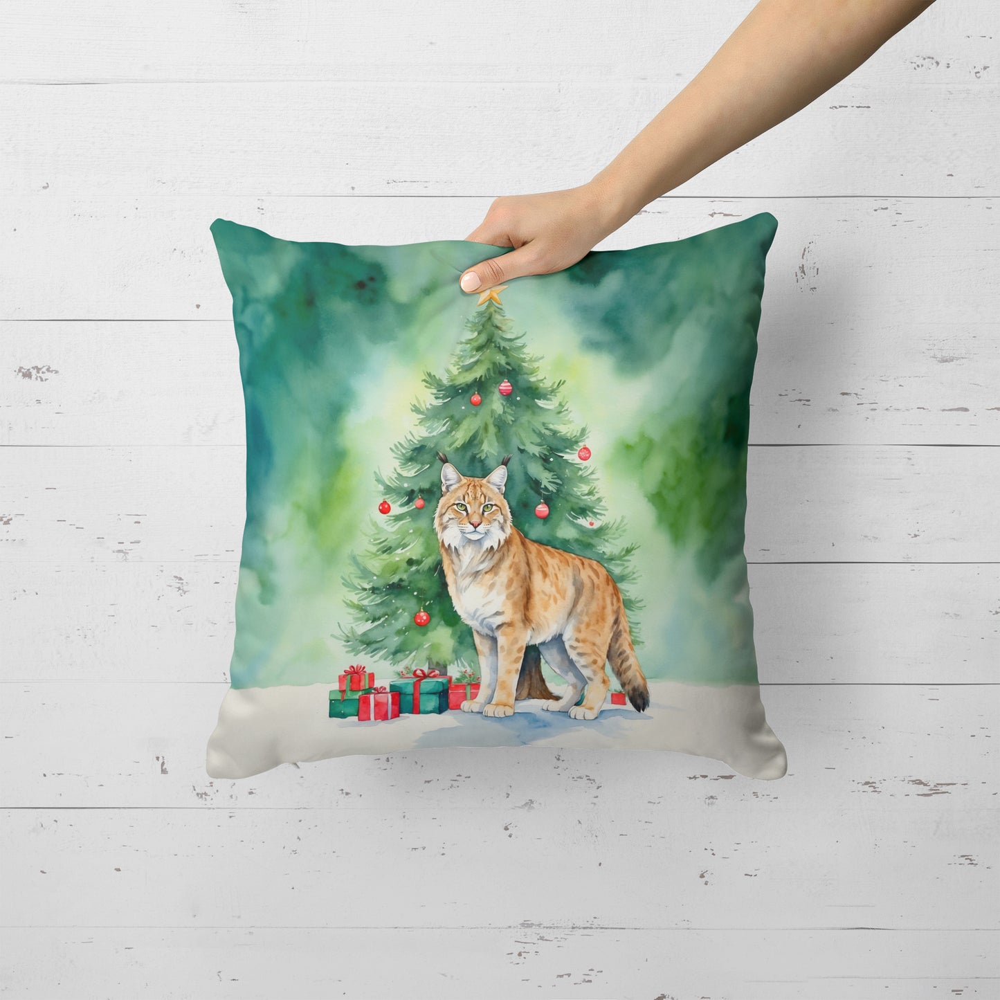 Highlander Lynx Cat By the Christmas Tree Throw Pillow
