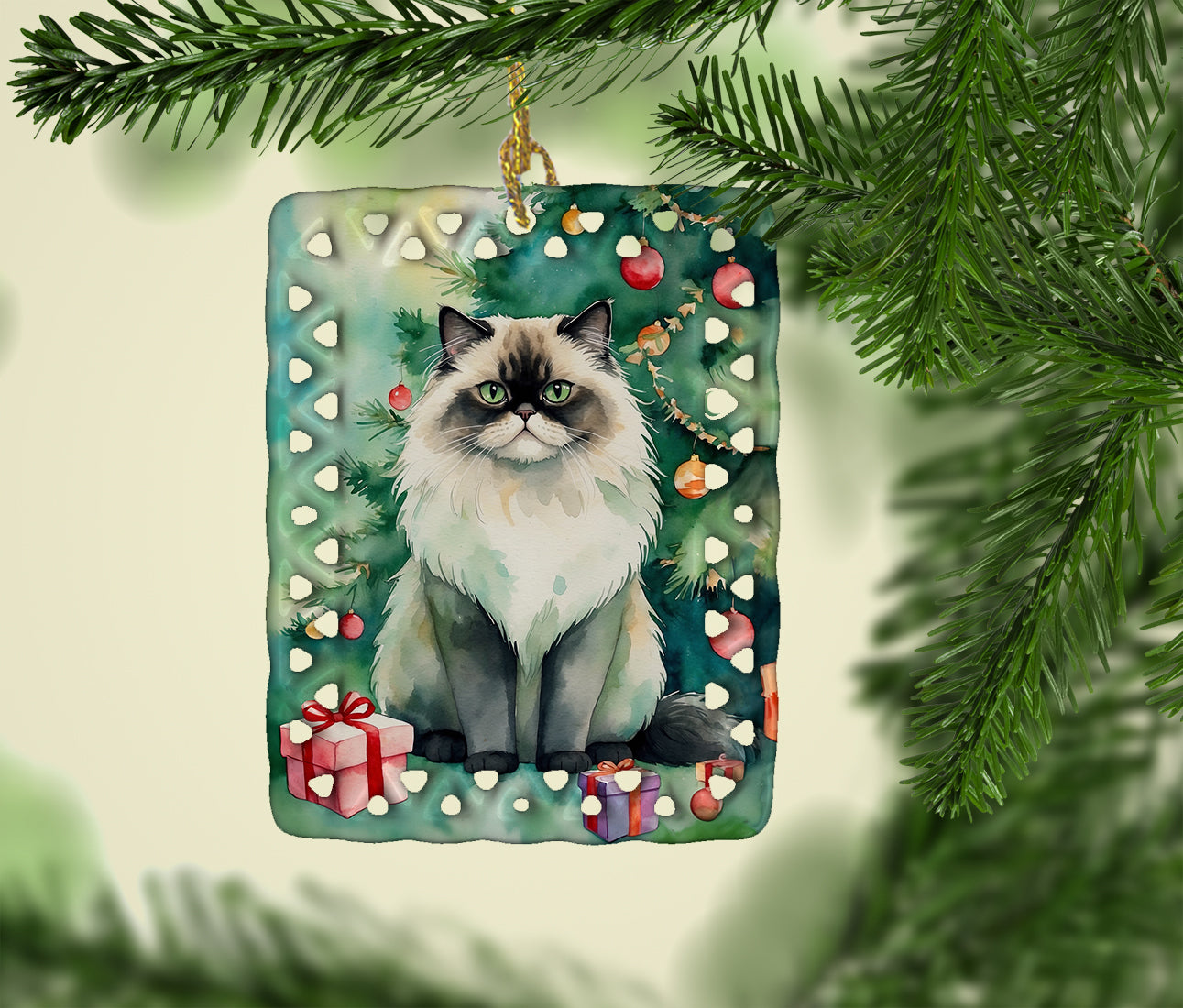 Himalayan Cat By the Christmas Tree Porcelain Ornament