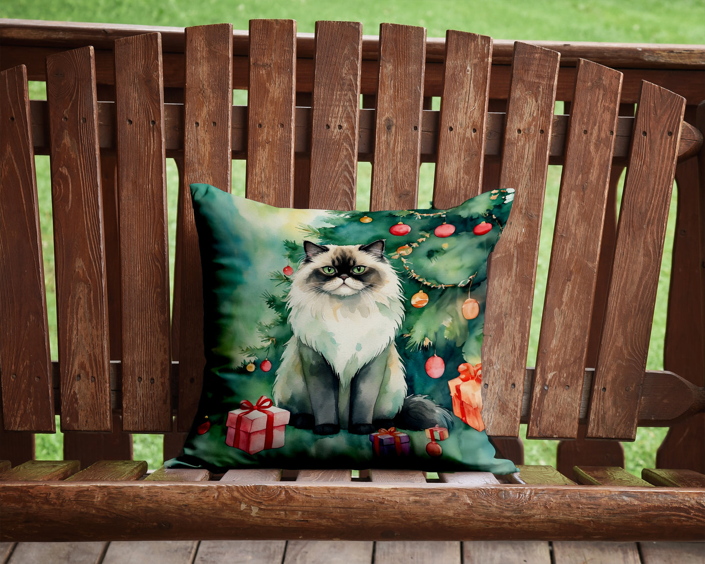 Himalayan Cat By the Christmas Tree Throw Pillow