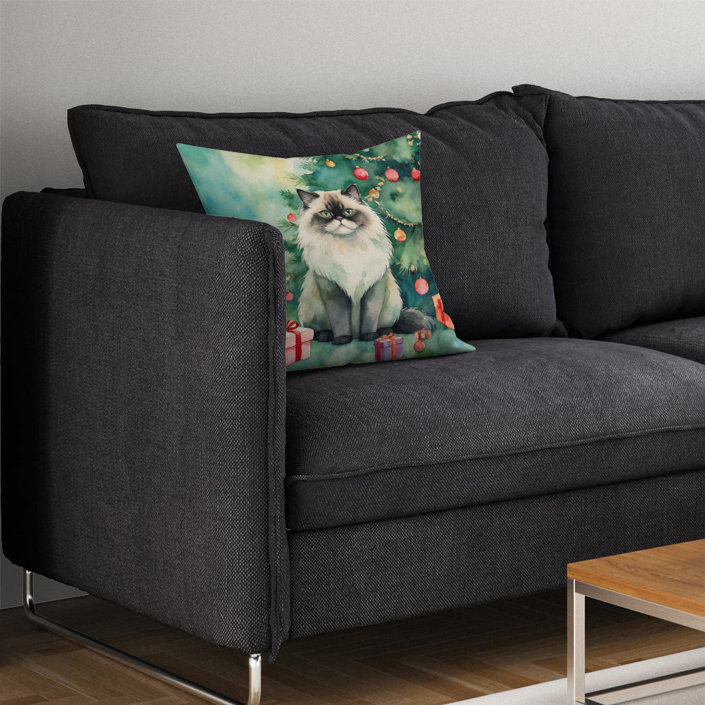 Himalayan Cat By the Christmas Tree Throw Pillow
