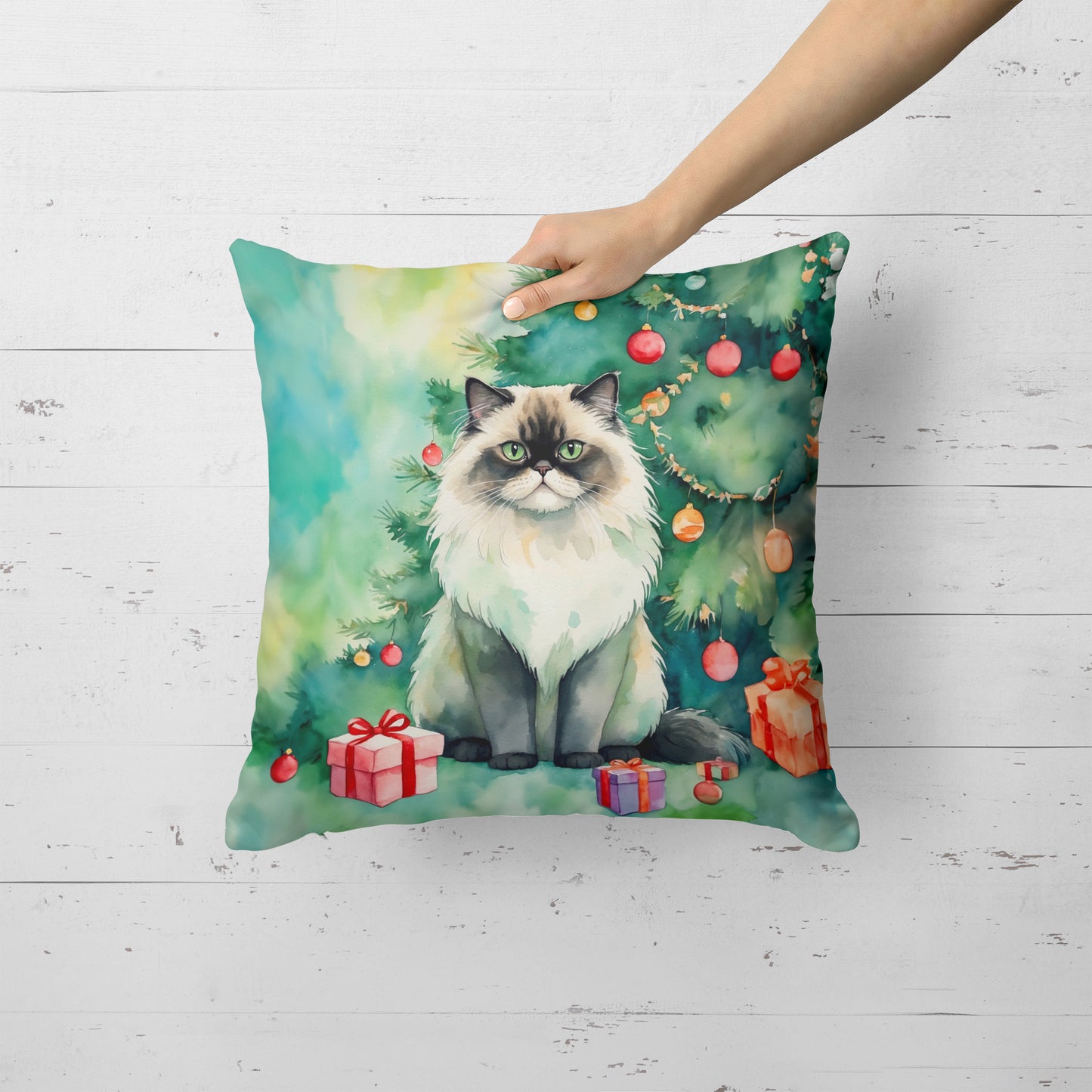 Himalayan Cat By the Christmas Tree Throw Pillow