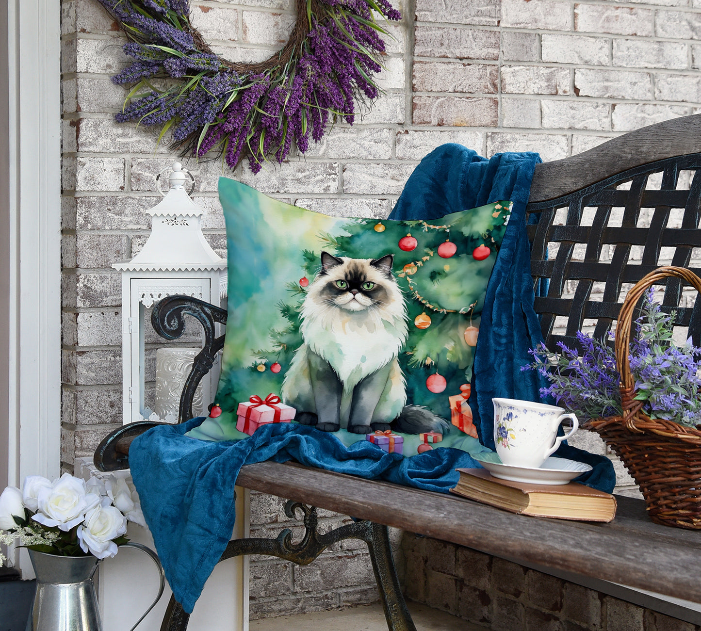 Himalayan Cat By the Christmas Tree Throw Pillow