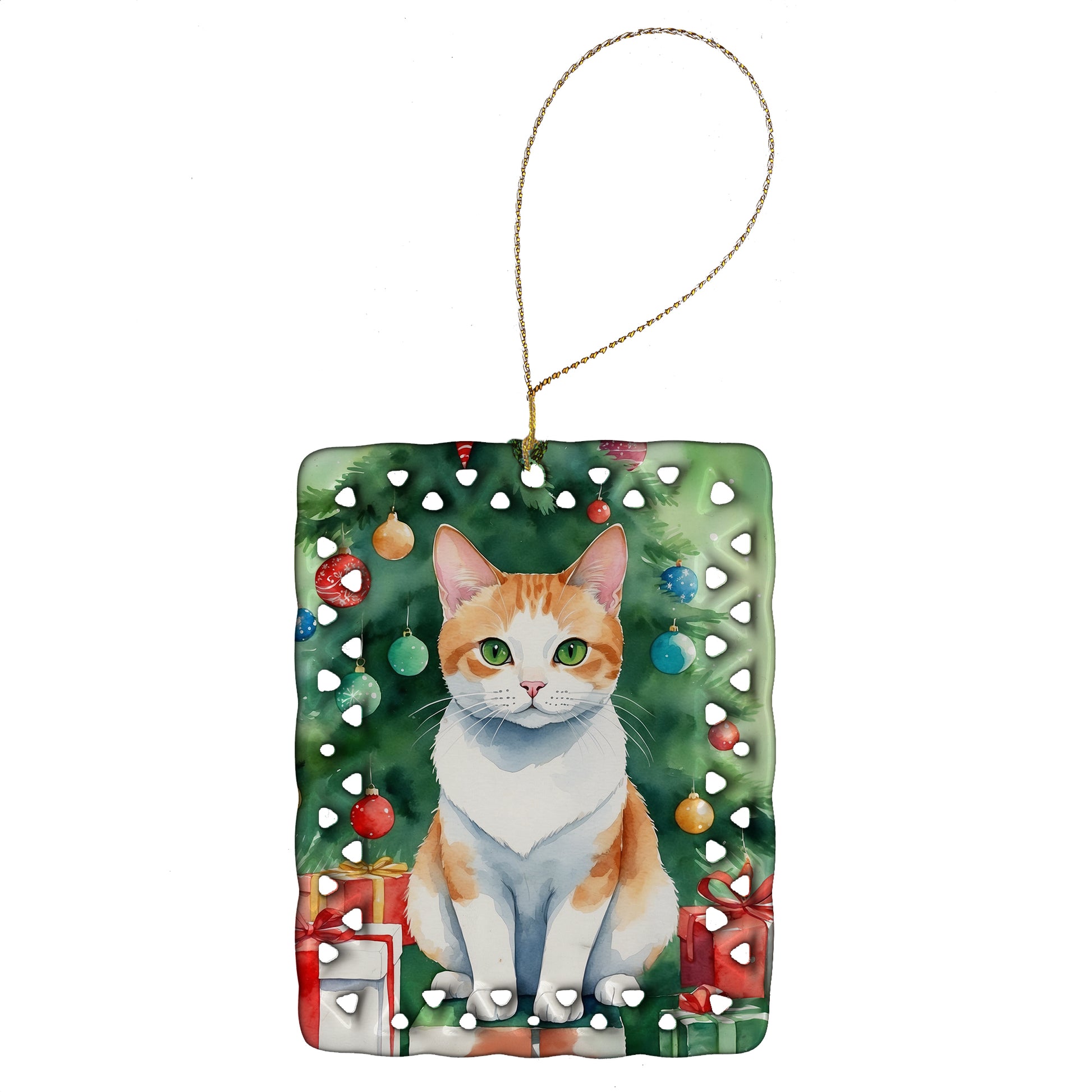 Buy this Japanese Bobtail Cat By the Christmas Tree Porcelain Ornament