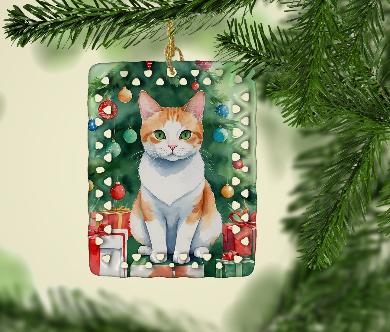 Japanese Bobtail Cat By the Christmas Tree Porcelain Ornament