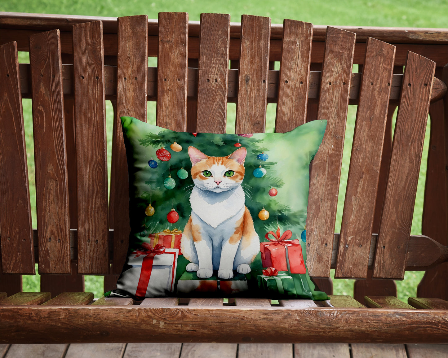 Japanese Bobtail Cat By the Christmas Tree Throw Pillow