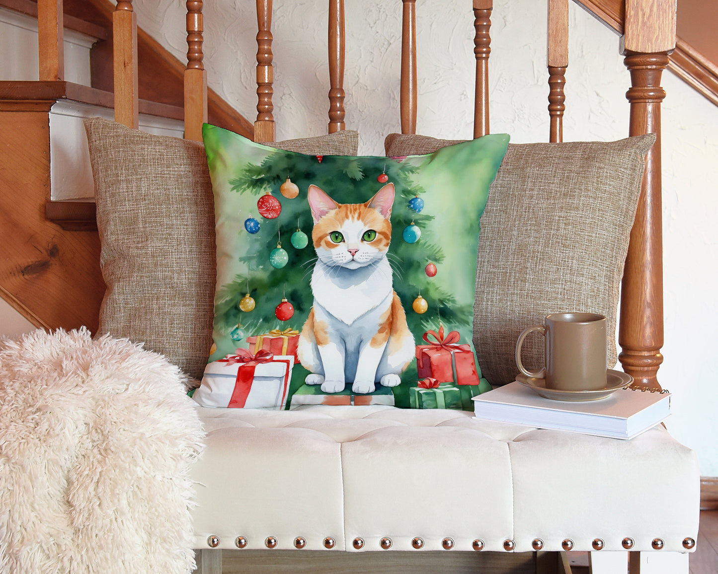 Japanese Bobtail Cat By the Christmas Tree Throw Pillow