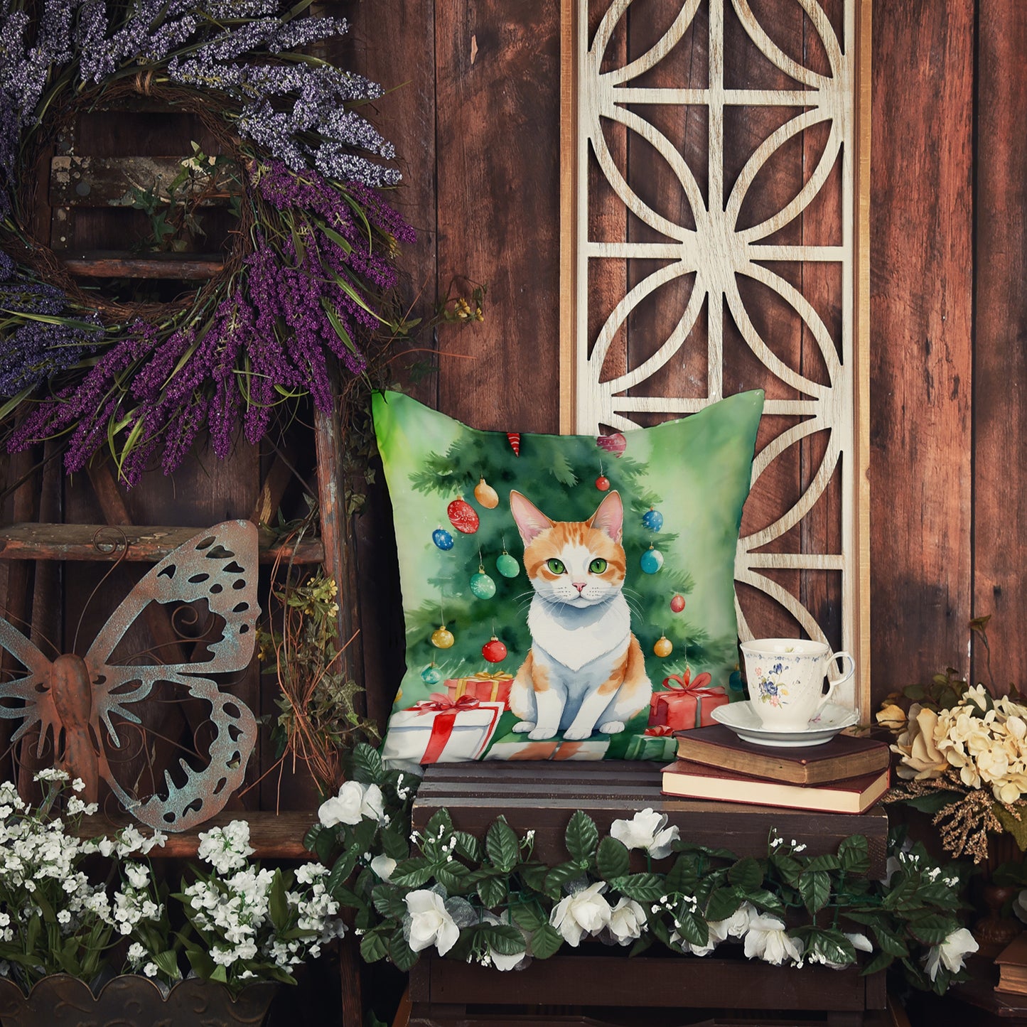 Japanese Bobtail Cat By the Christmas Tree Throw Pillow
