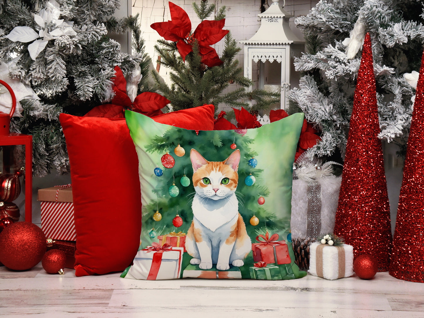 Japanese Bobtail Cat By the Christmas Tree Throw Pillow