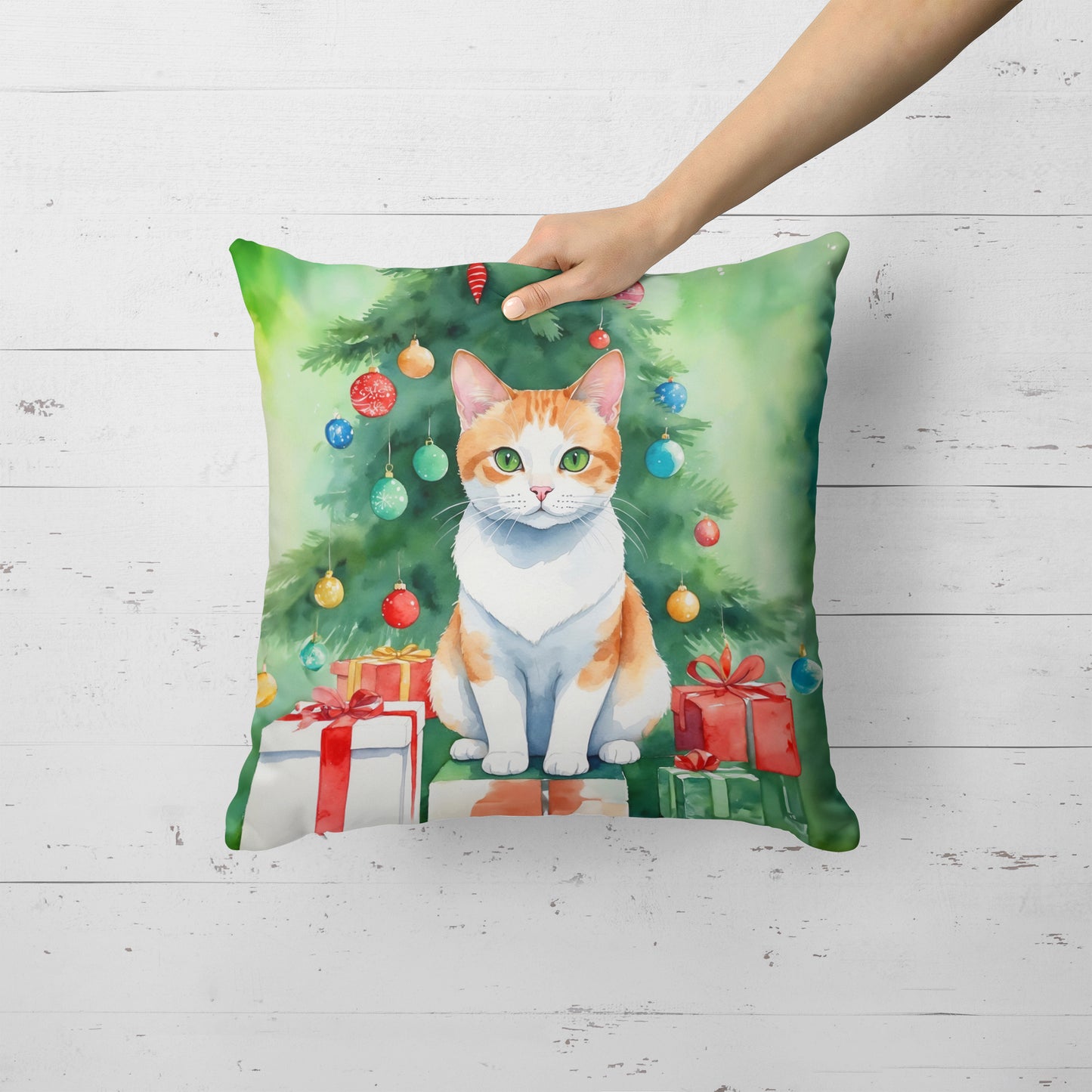 Japanese Bobtail Cat By the Christmas Tree Throw Pillow