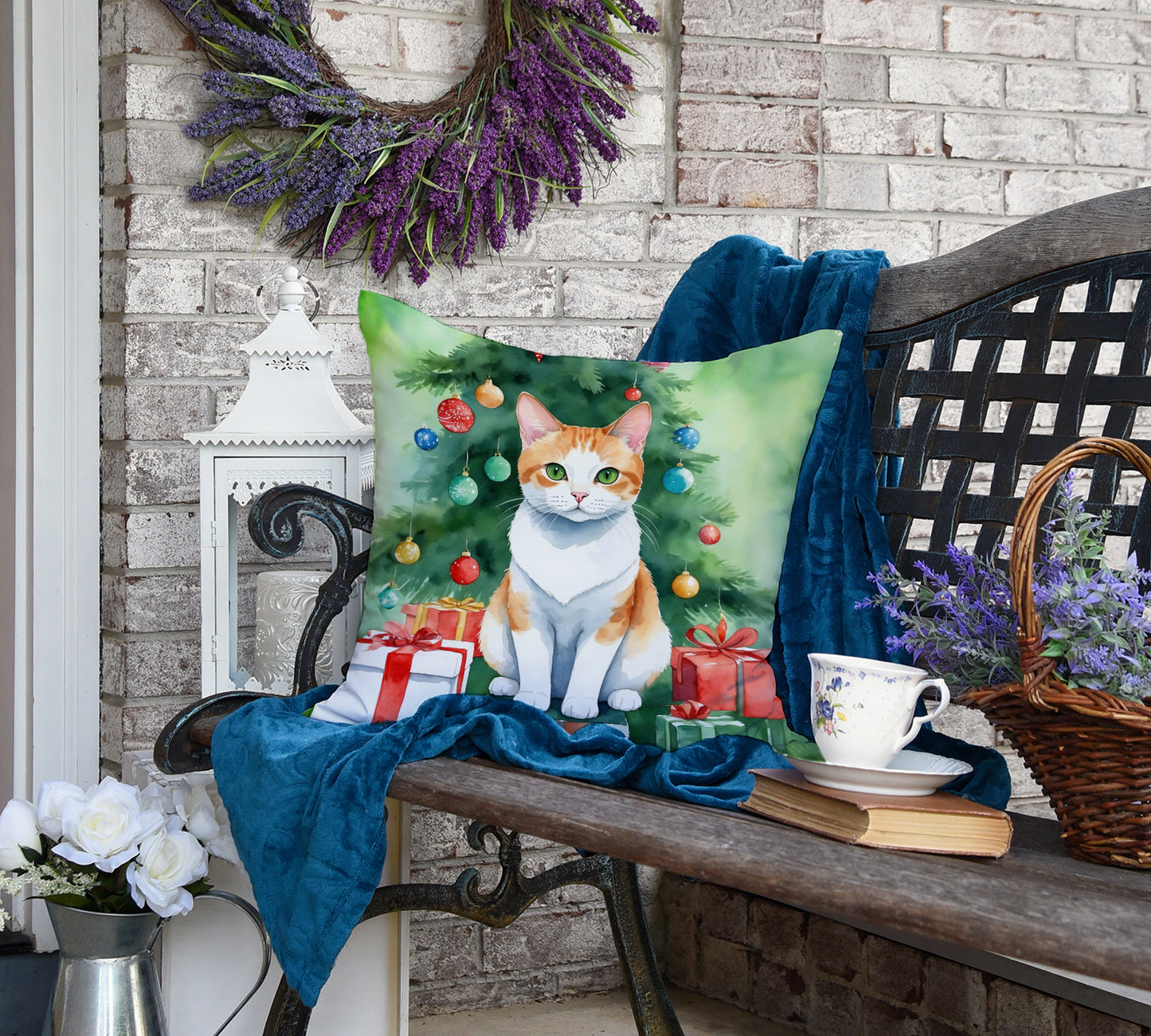 Japanese Bobtail Cat By the Christmas Tree Throw Pillow