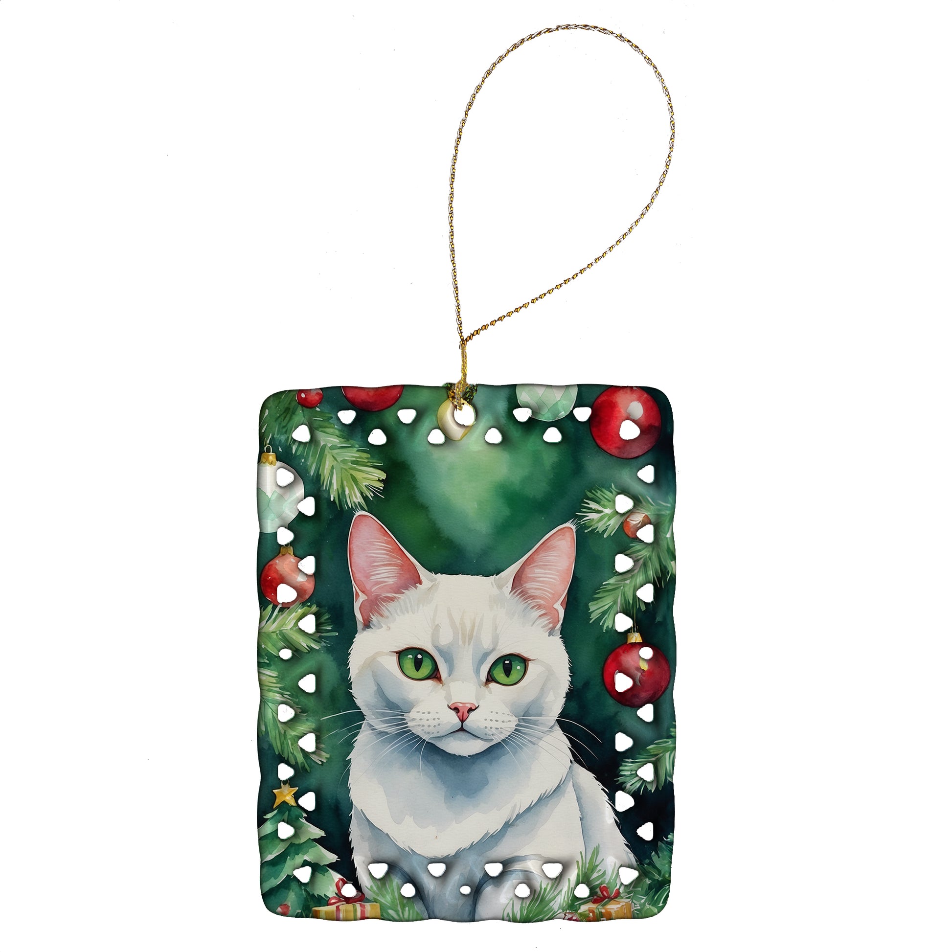 Buy this Khao Manee Cat By the Christmas Tree Porcelain Ornament
