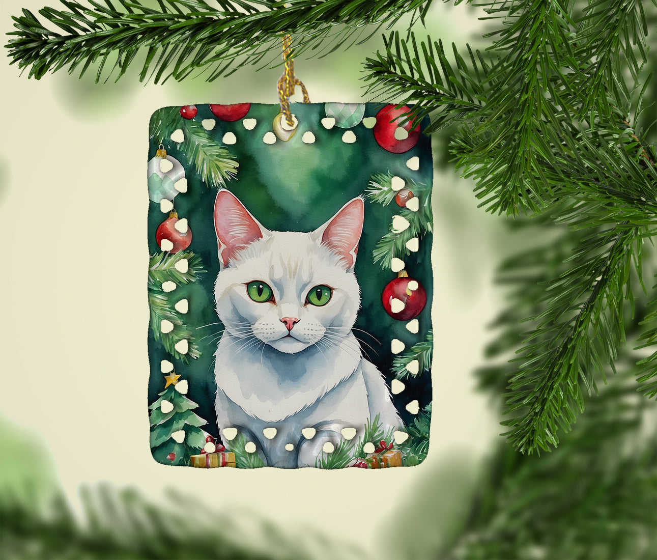 Khao Manee Cat By the Christmas Tree Porcelain Ornament