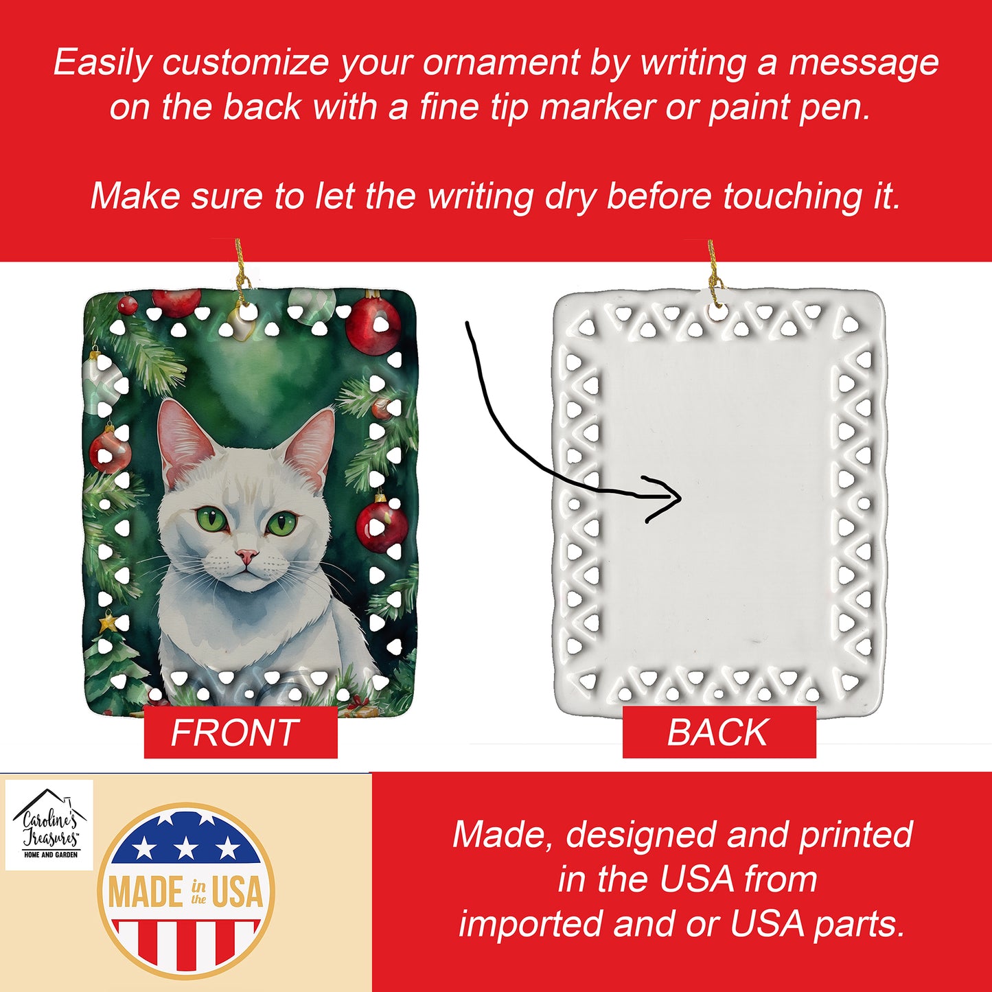 Khao Manee Cat By the Christmas Tree Porcelain Ornament