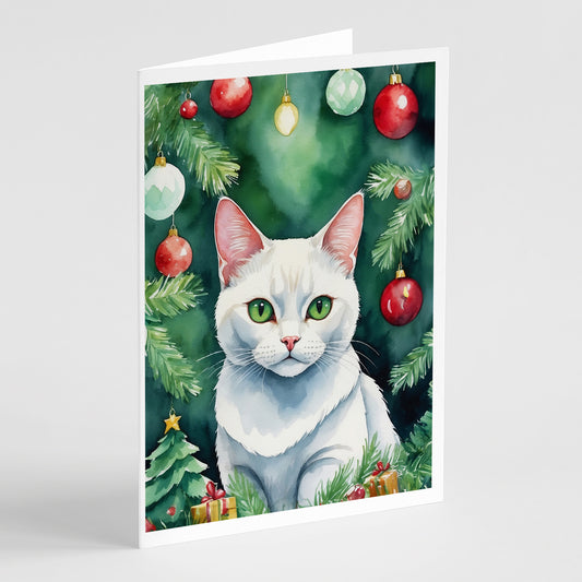 Buy this Khao Manee Cat By the Christmas Tree Greeting Cards Pack of 8