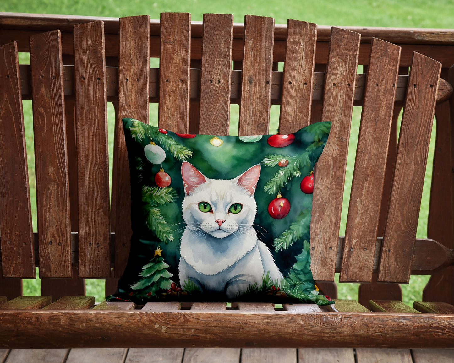 Khao Manee Cat By the Christmas Tree Throw Pillow