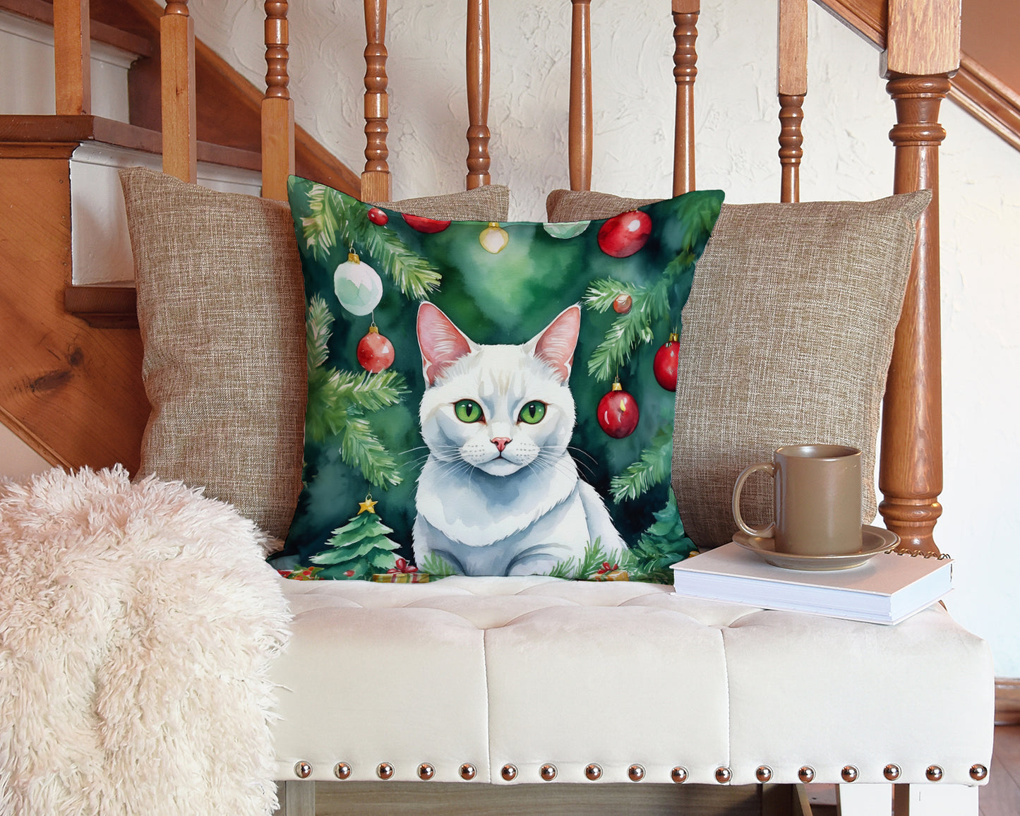 Khao Manee Cat By the Christmas Tree Throw Pillow