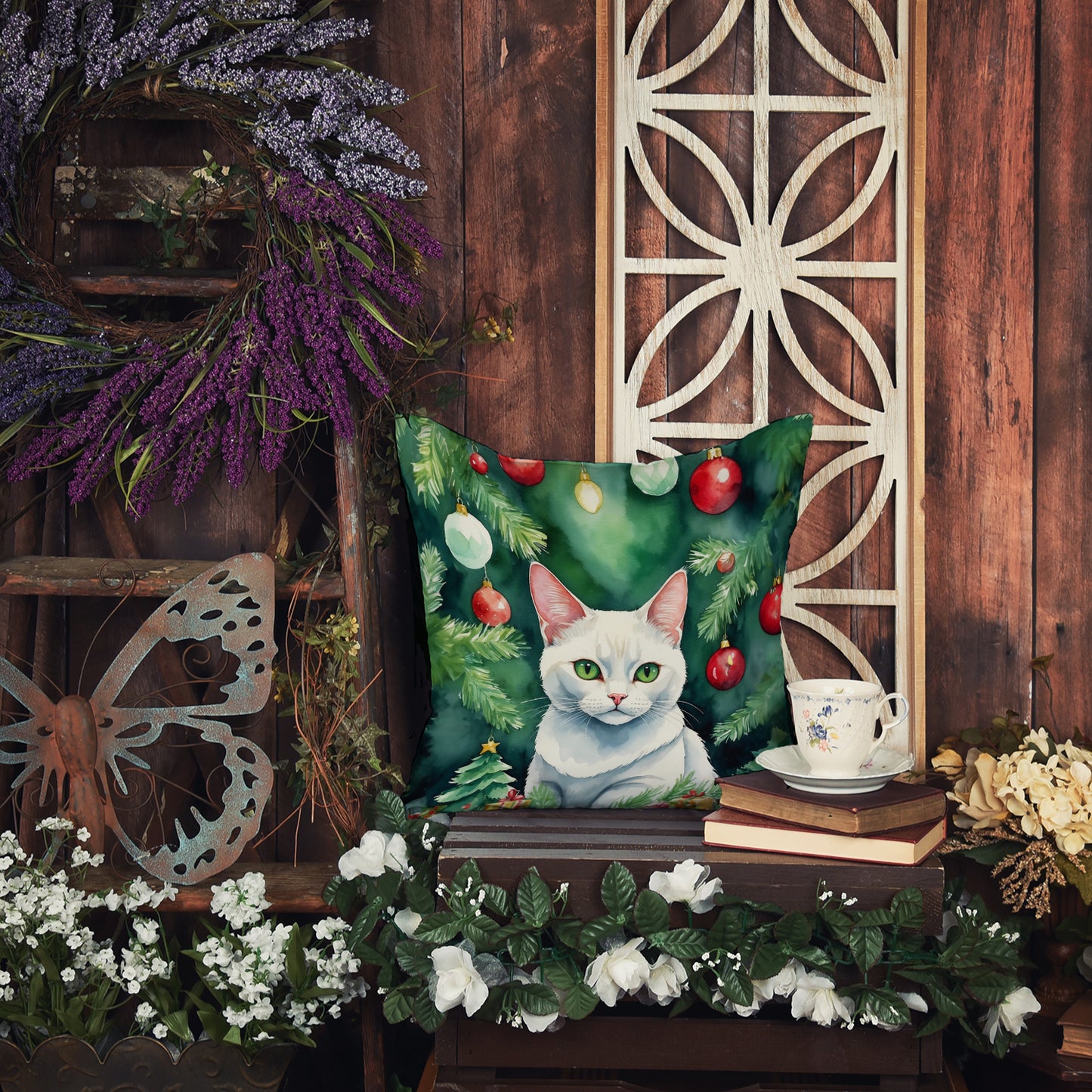 Khao Manee Cat By the Christmas Tree Throw Pillow
