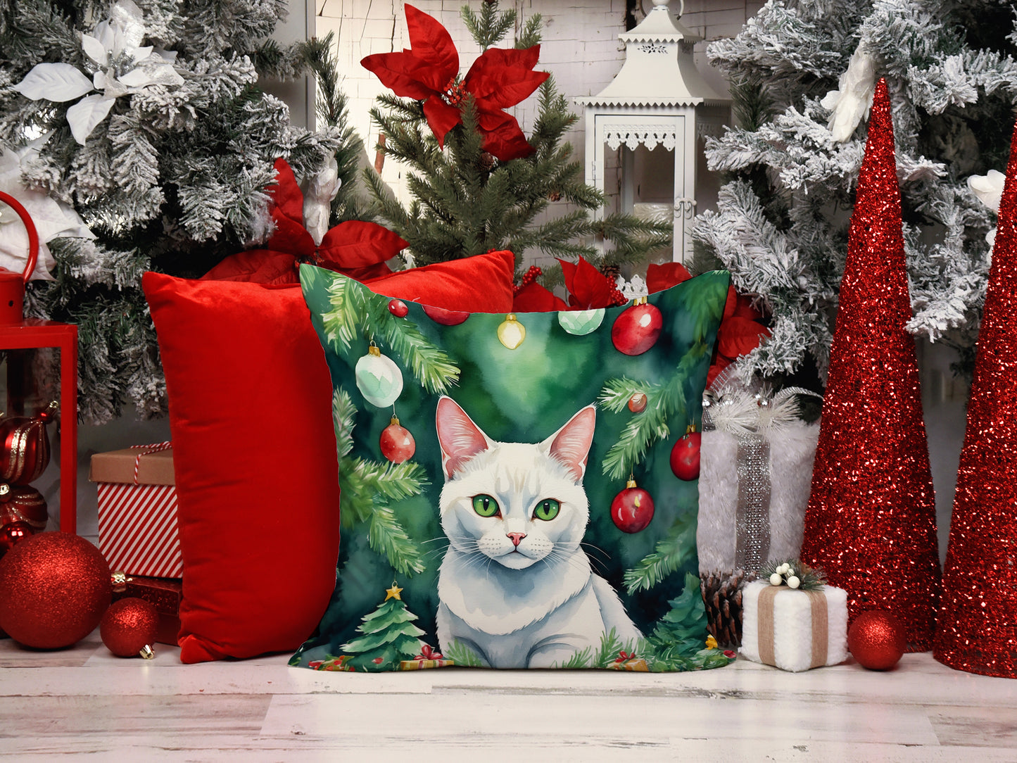 Khao Manee Cat By the Christmas Tree Throw Pillow