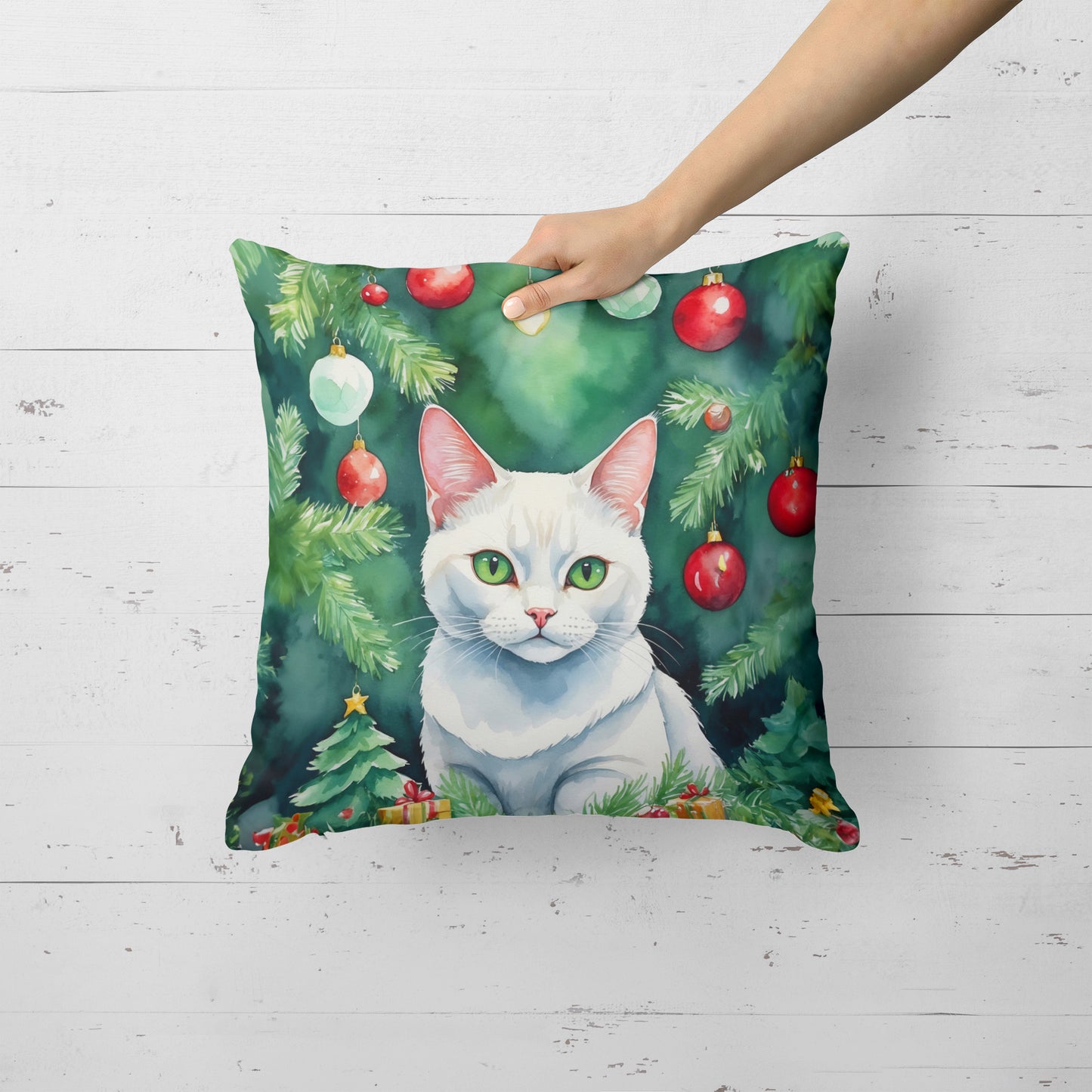 Khao Manee Cat By the Christmas Tree Throw Pillow