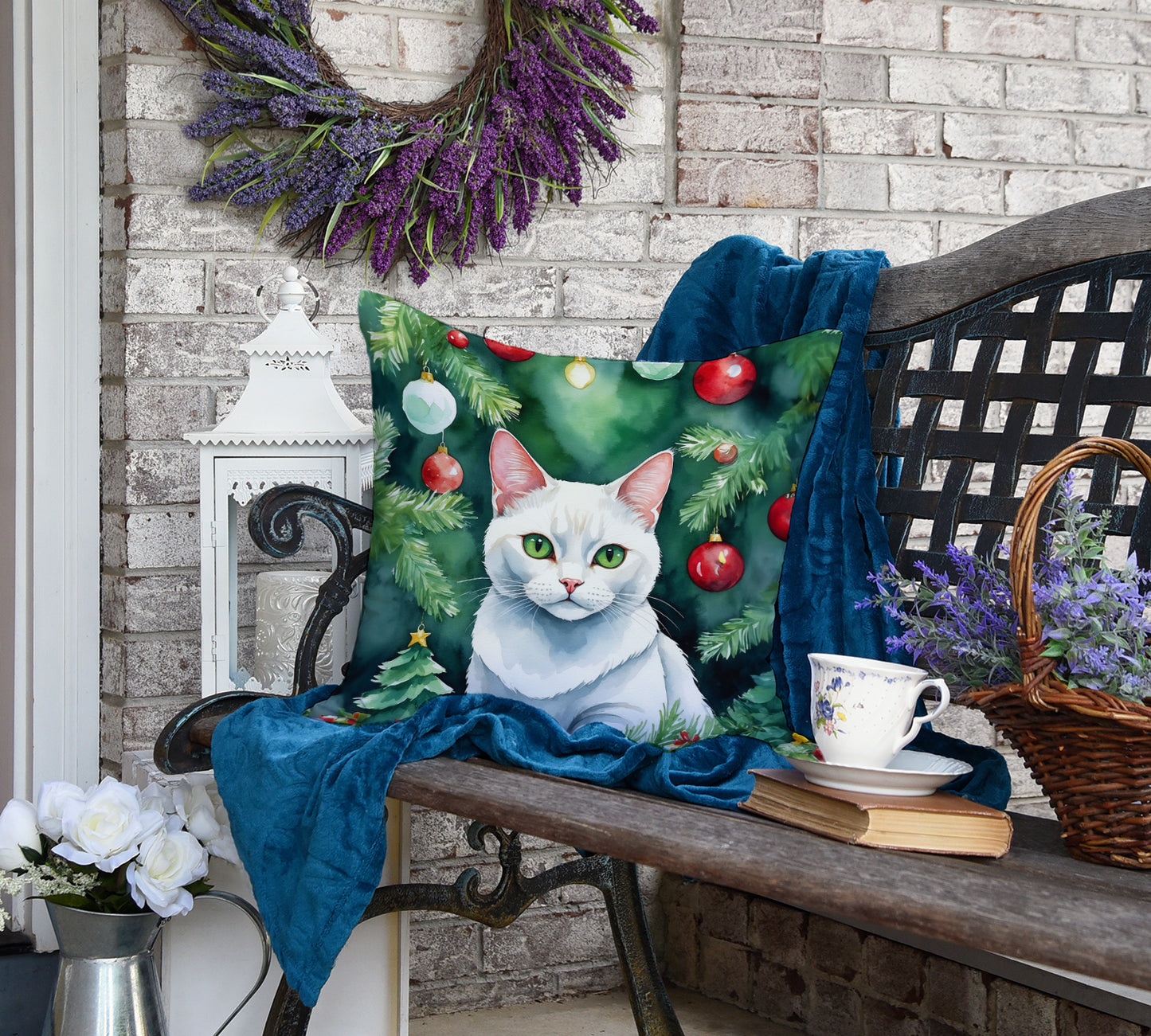 Khao Manee Cat By the Christmas Tree Throw Pillow