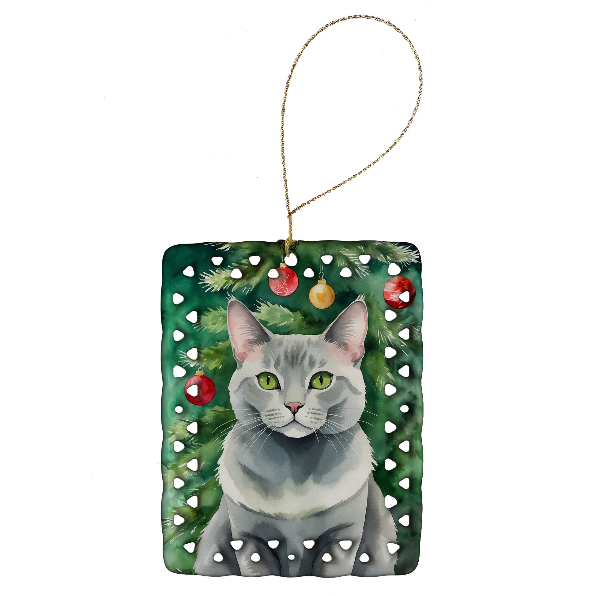 Buy this Korat Cat By the Christmas Tree Porcelain Ornament