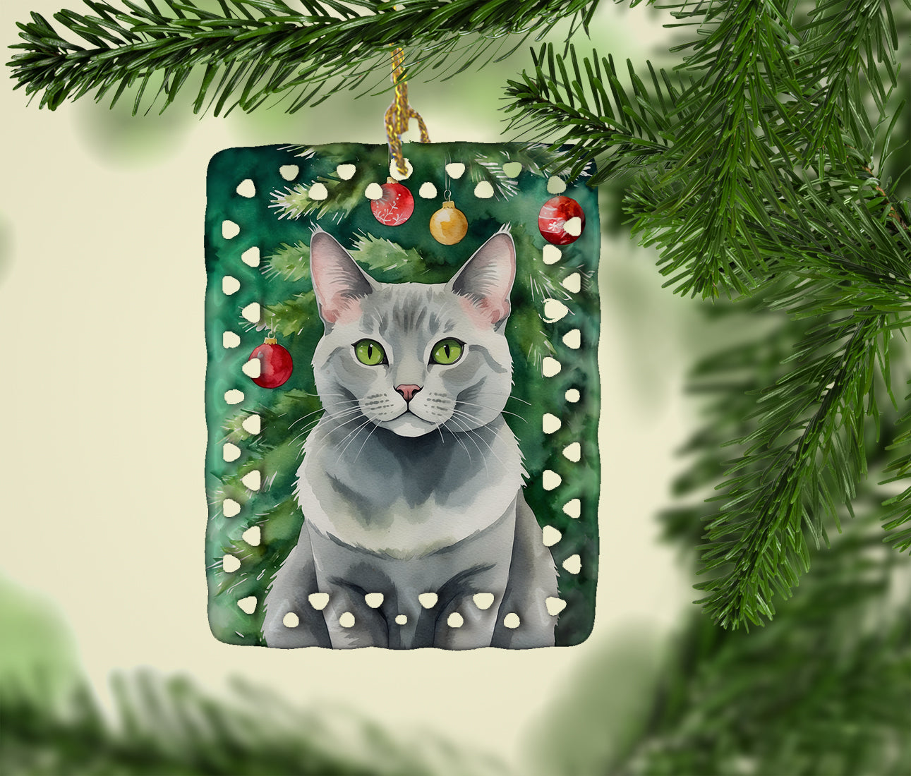 Korat Cat By the Christmas Tree Porcelain Ornament