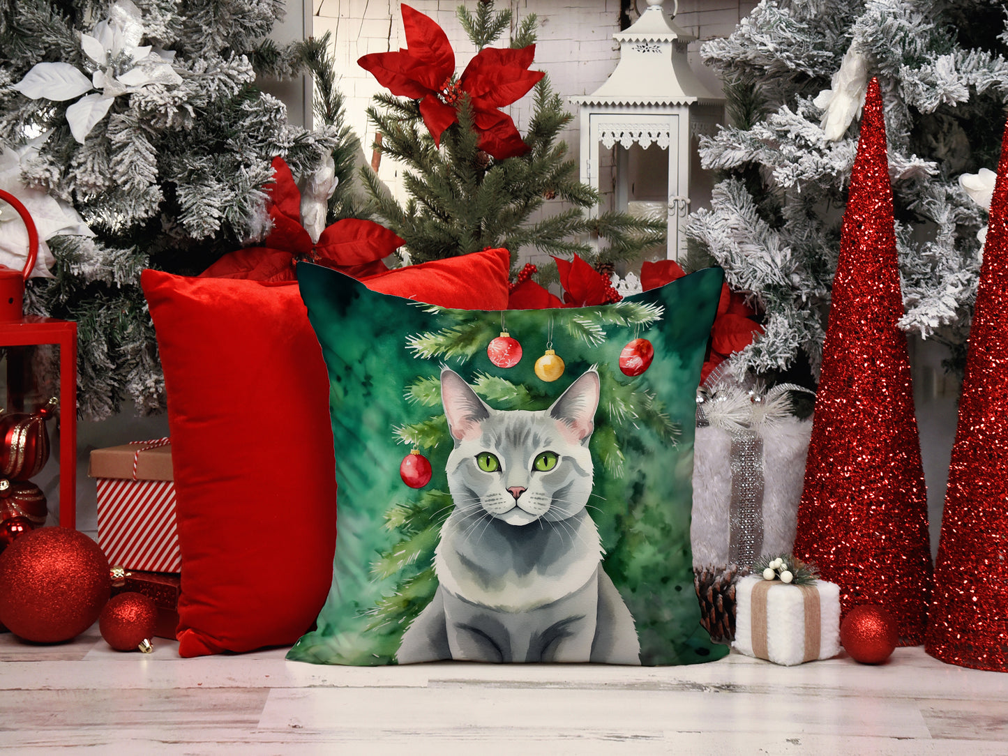 Korat Cat By the Christmas Tree Throw Pillow
