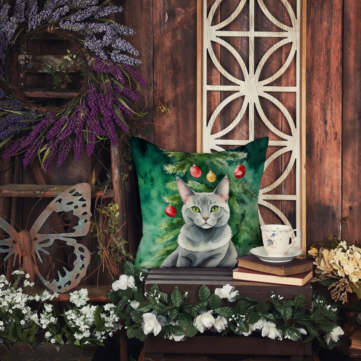 Korat Cat By the Christmas Tree Throw Pillow