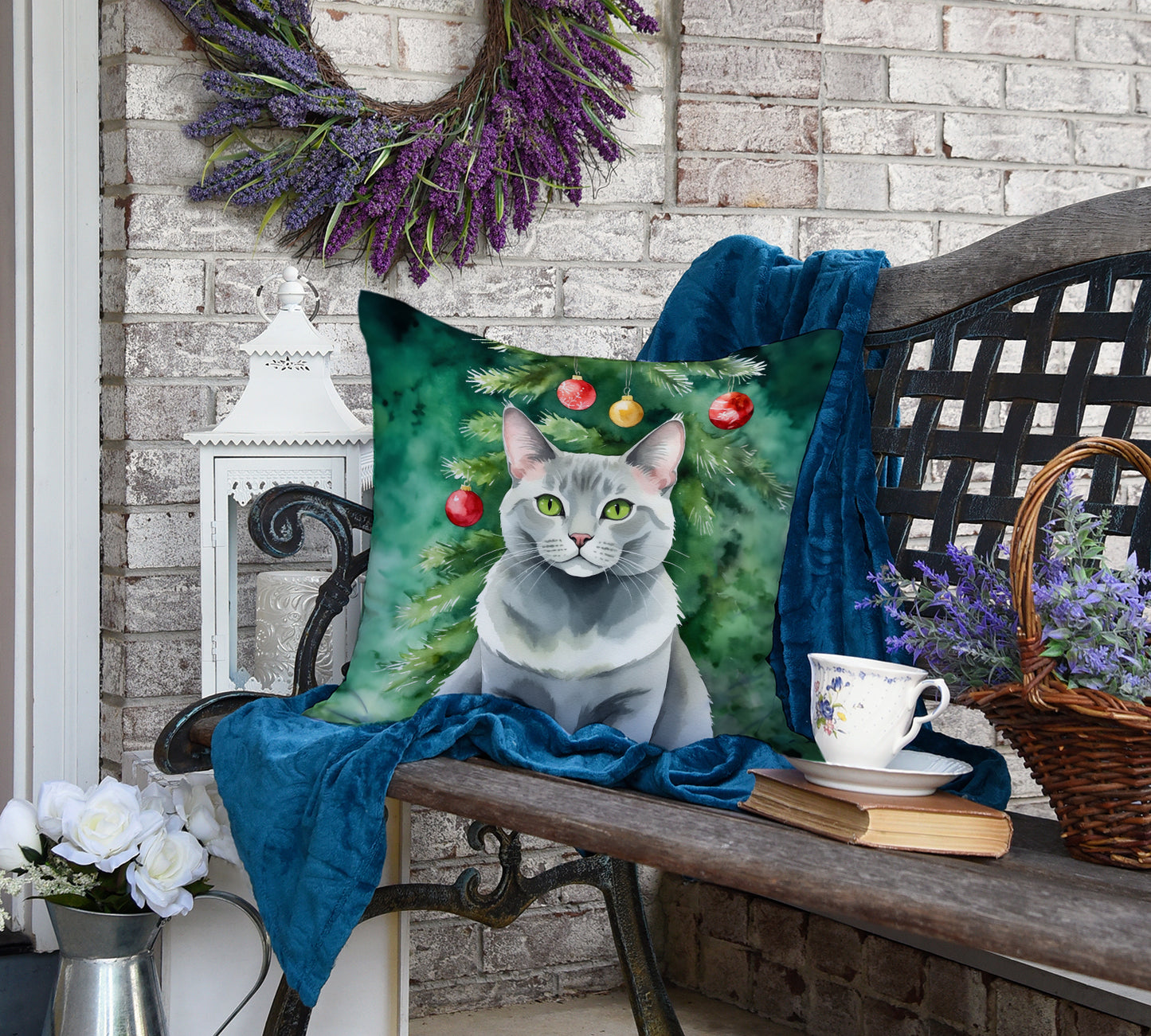 Korat Cat By the Christmas Tree Throw Pillow
