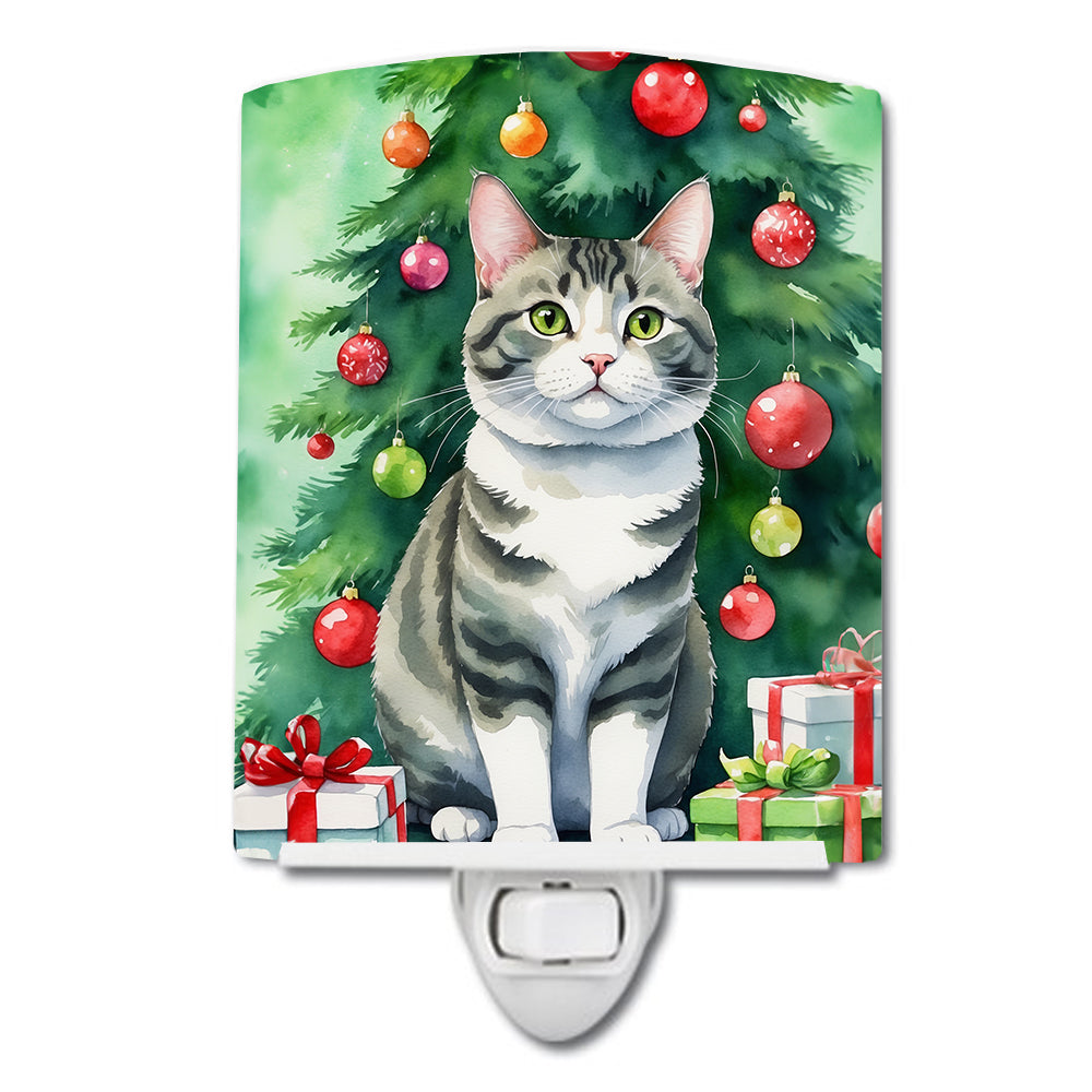 Buy this Korean Bobtail Cat By the Christmas Tree Ceramic Night Light